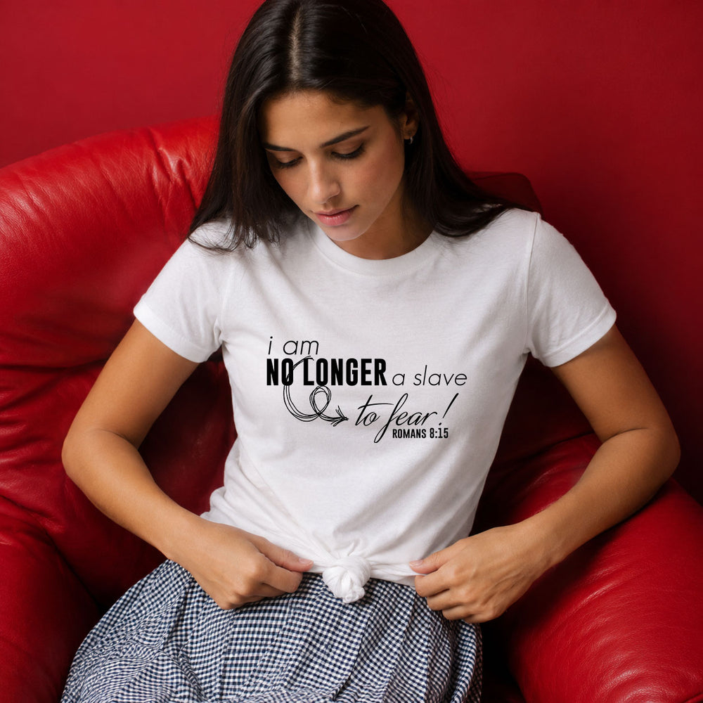 Women's softstyle T-shirt with "I am No Longer A Slave to Fear" quote, featuring comfortable fabric and casual fit.