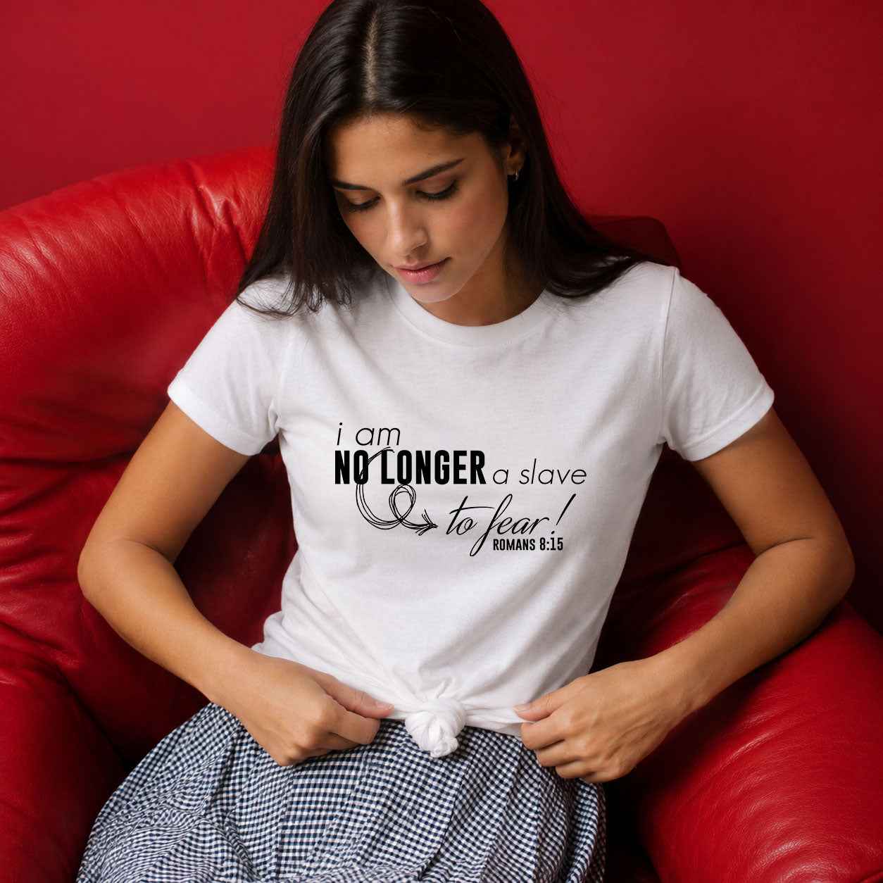 Women's softstyle T-shirt with "I am No Longer A Slave to Fear" quote, featuring comfortable fabric and casual fit.