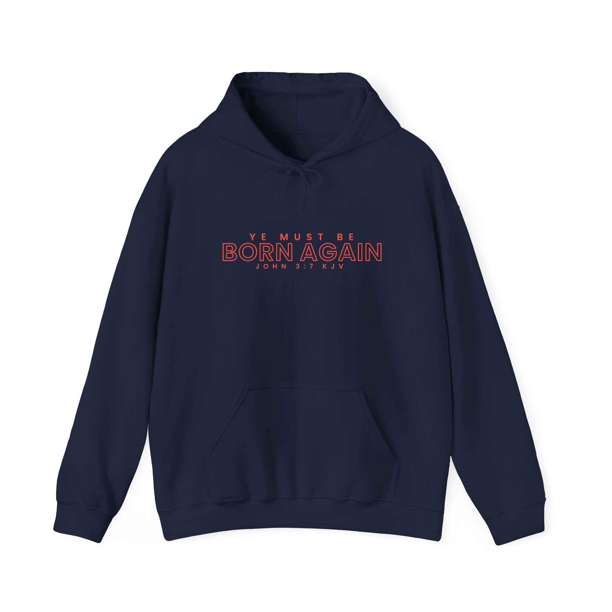 Unisex Heavy Blend hooded sweatshirt by Printify featuring the "Ye Must Be Born Again" design in black with front pocket and drawstrings.