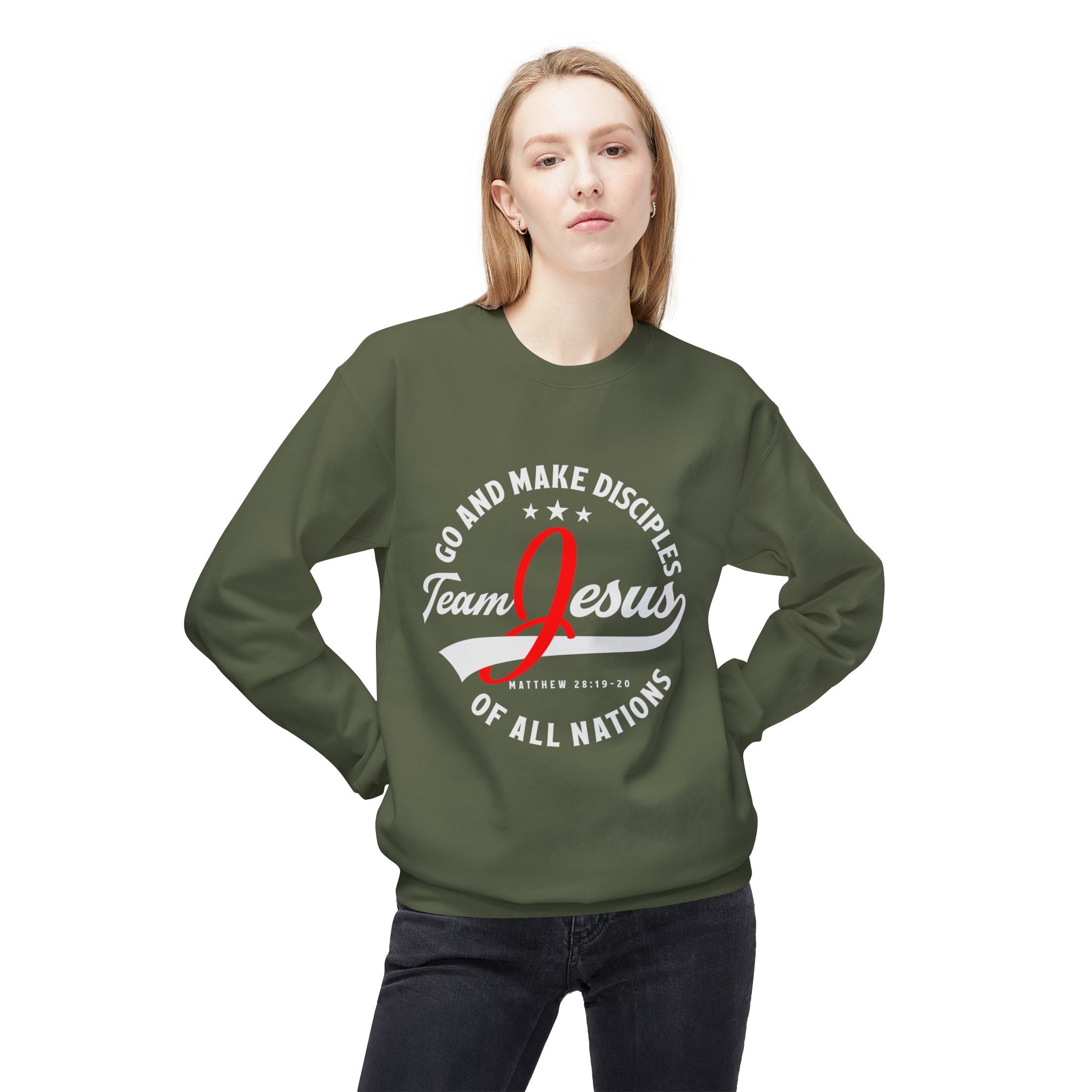 Unisex midweight softstyle fleece crewneck sweatshirt with "Team Jesus" print, comfortable casual wear by Printify.