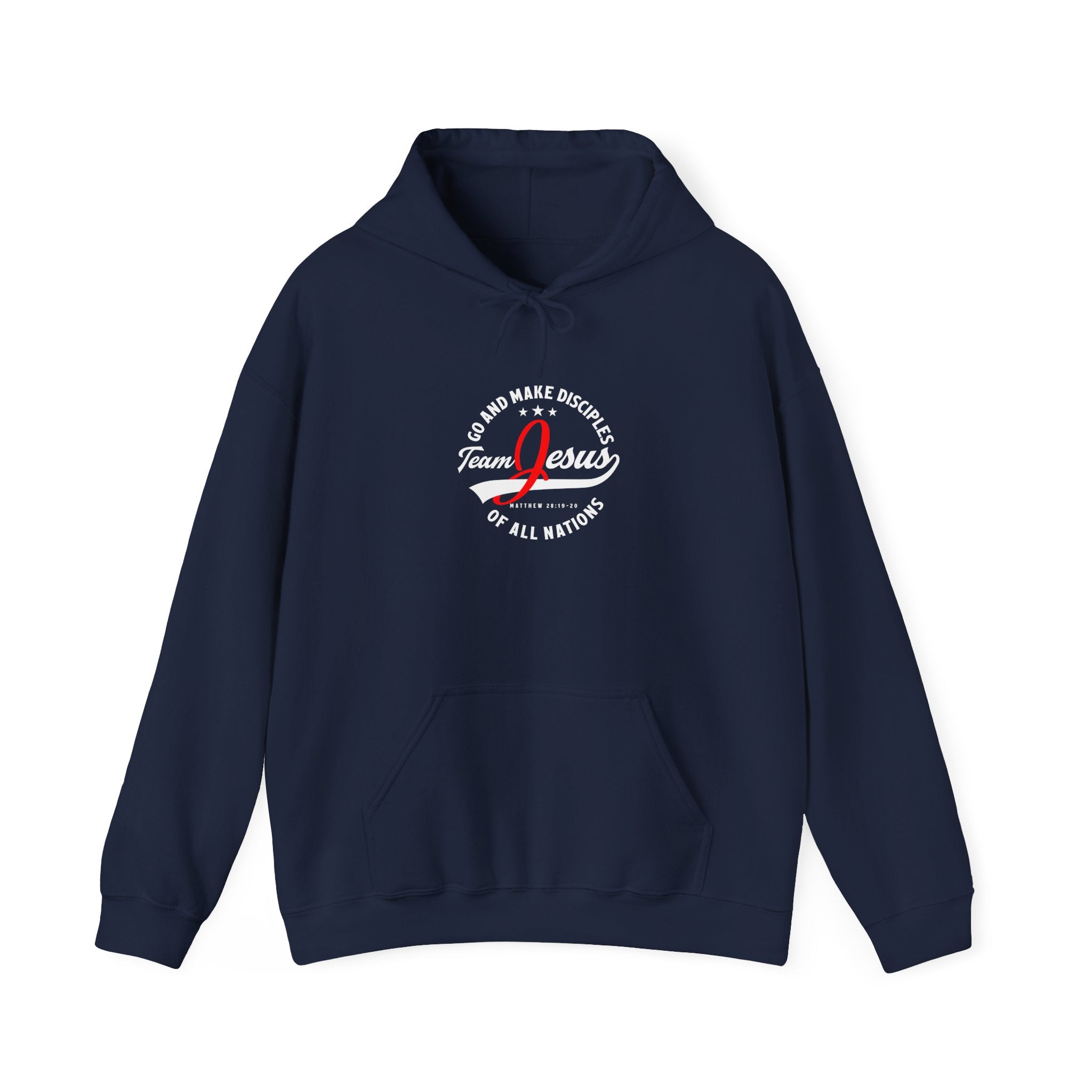 Unisex Heavy Blend hoodie with "Team Jesus" print, featuring a hood and front pocket, made by Printify.