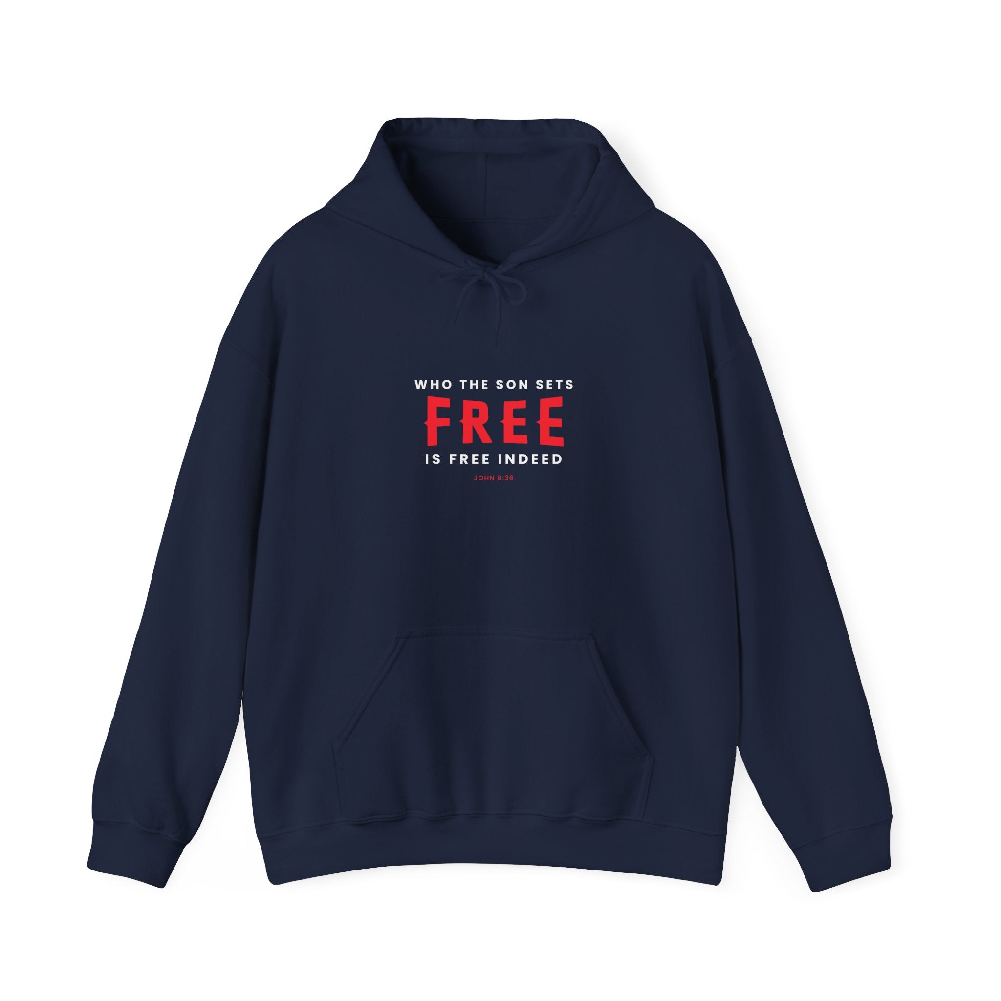 Unisex Heavy Blend hoodie featuring the "Who the Son Sets Free is Free Indeed" design by Printify, black fabric with front print.