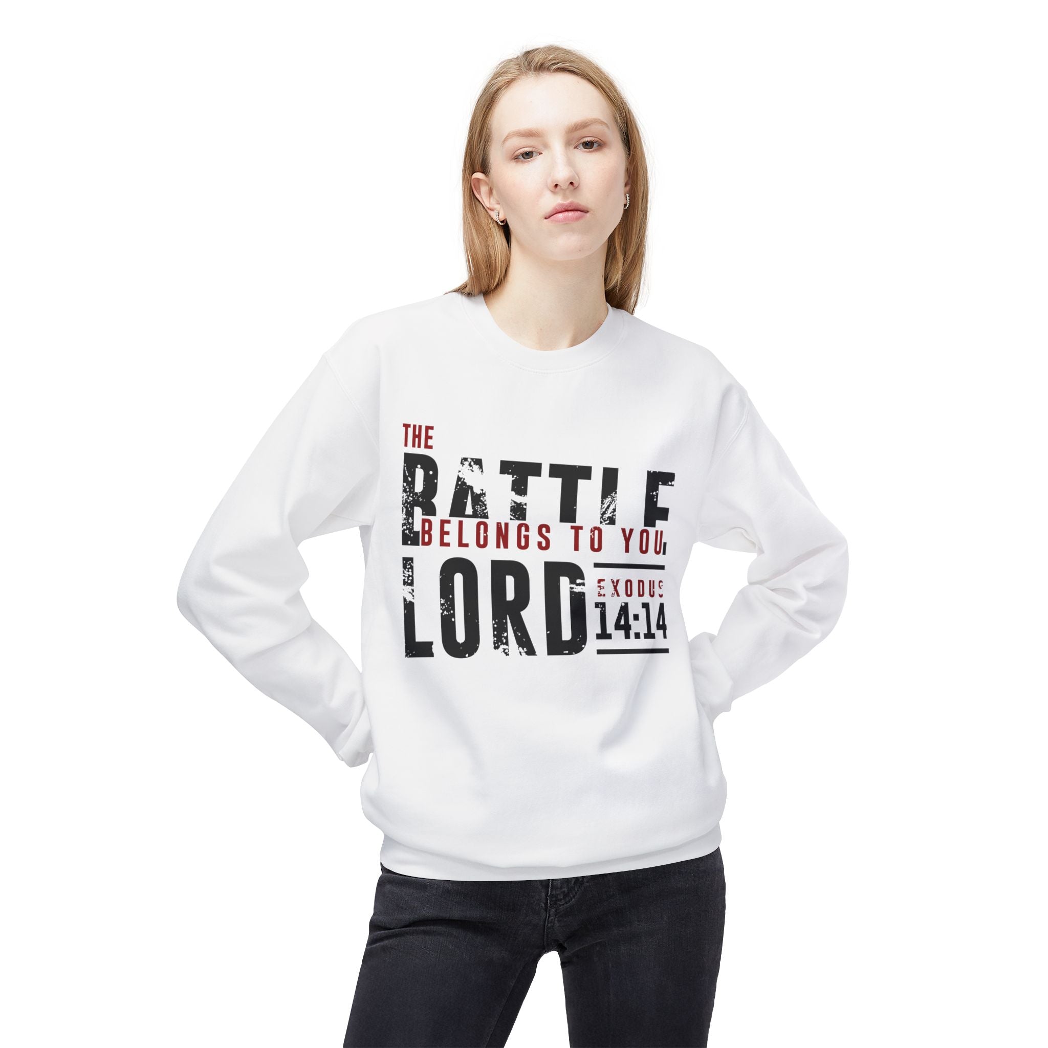 Unisex midweight softstyle fleece crewneck sweatshirt with "The Battle Belongs to the Lord" print, by Printify.