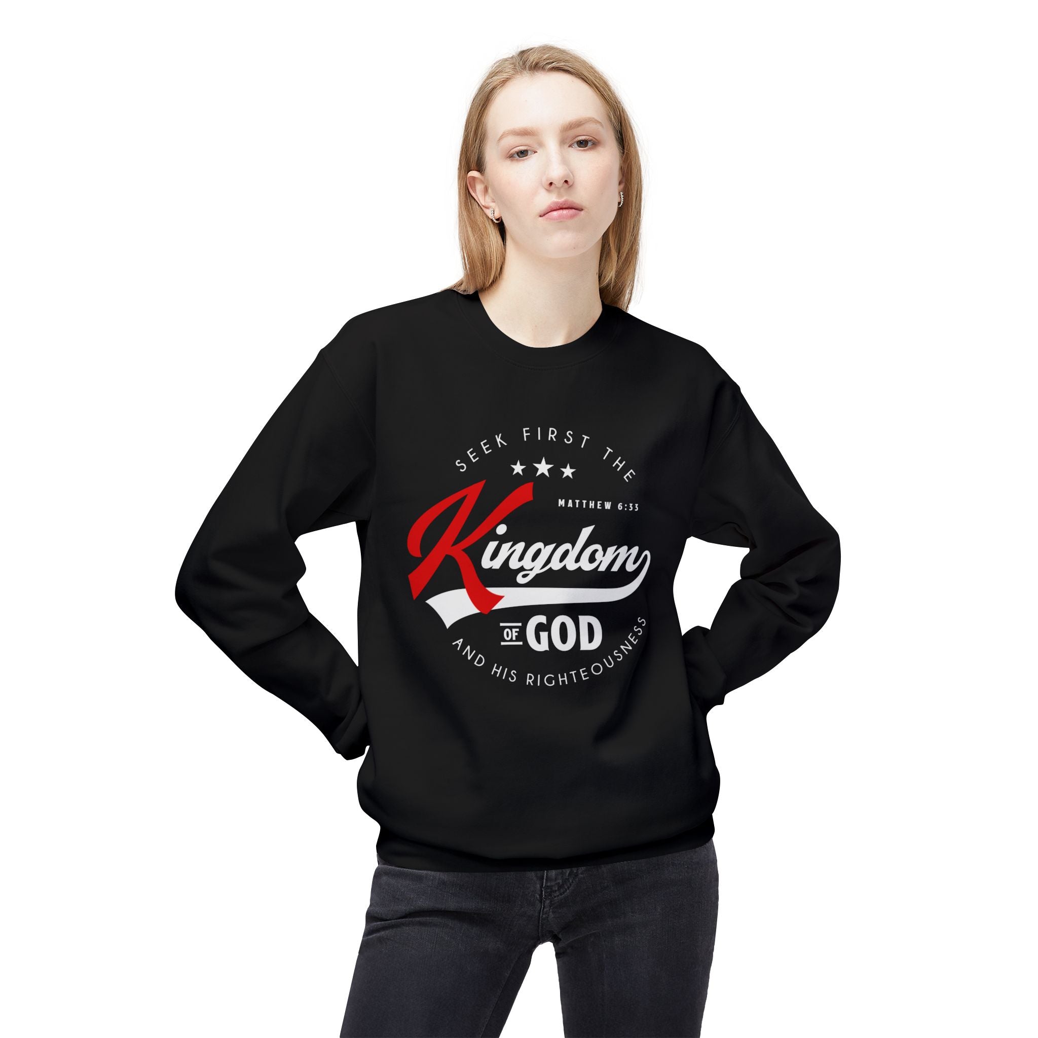 Unisex midweight softstyle fleece crewneck sweatshirt with "Seek First the Kingdom of God" print, by Printify.