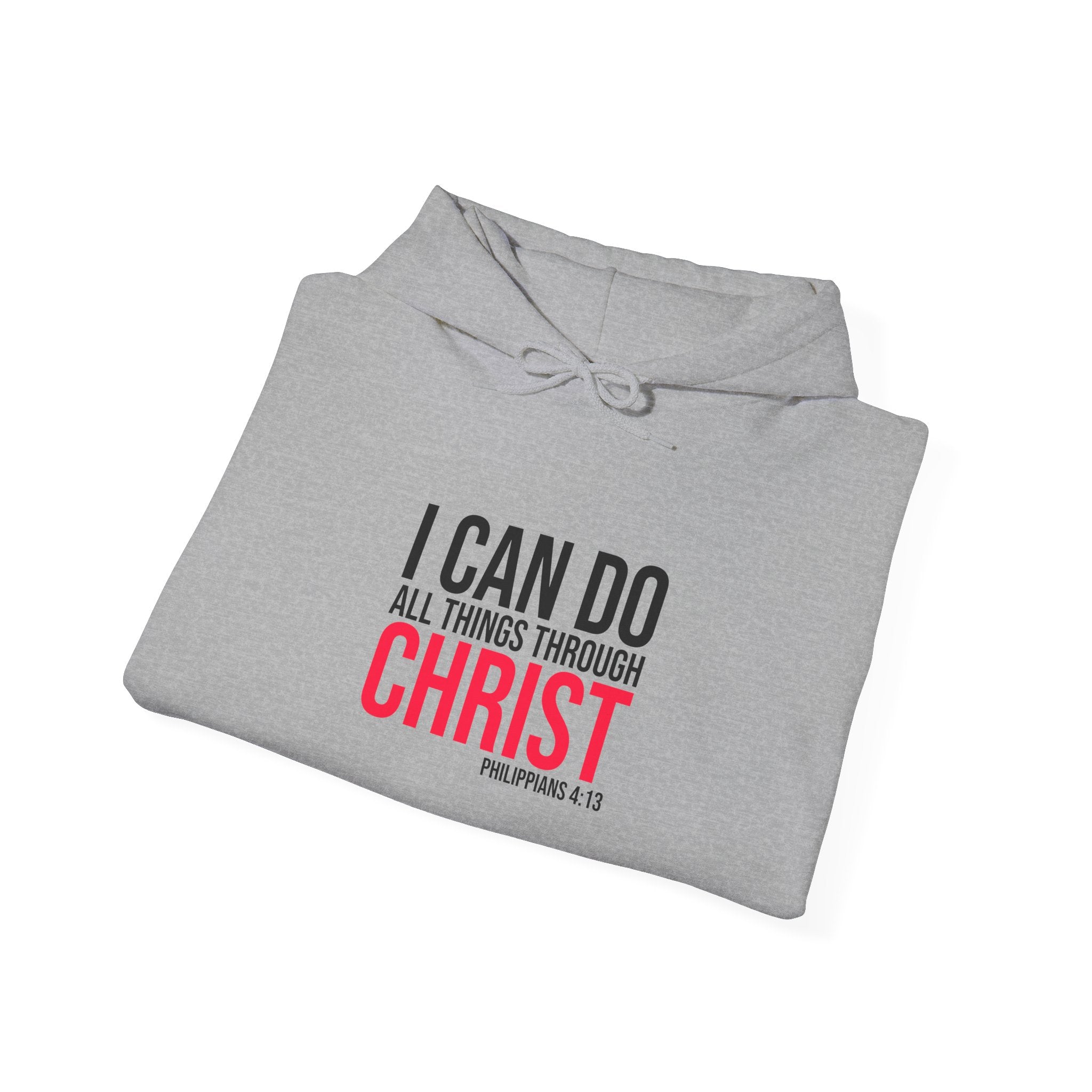 Unisex Heavy Blend hoodie with Christian quote "I Can Do All Things Through Christ" printed on front, black sweatshirt.