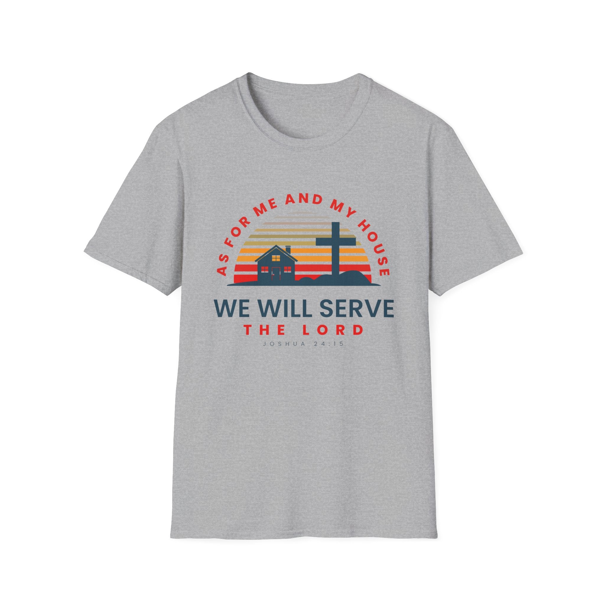 Unisex softstyle T-shirt with Christian quote "As for me and my house we will serve the Lord" printed on front, brand Printify.