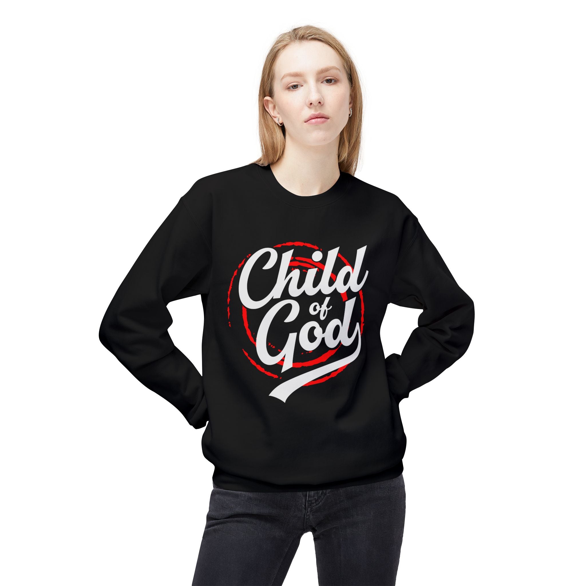 Unisex midweight softstyle fleece crewneck sweatshirt with "Child of God" print, comfortable casual wear by Printify.