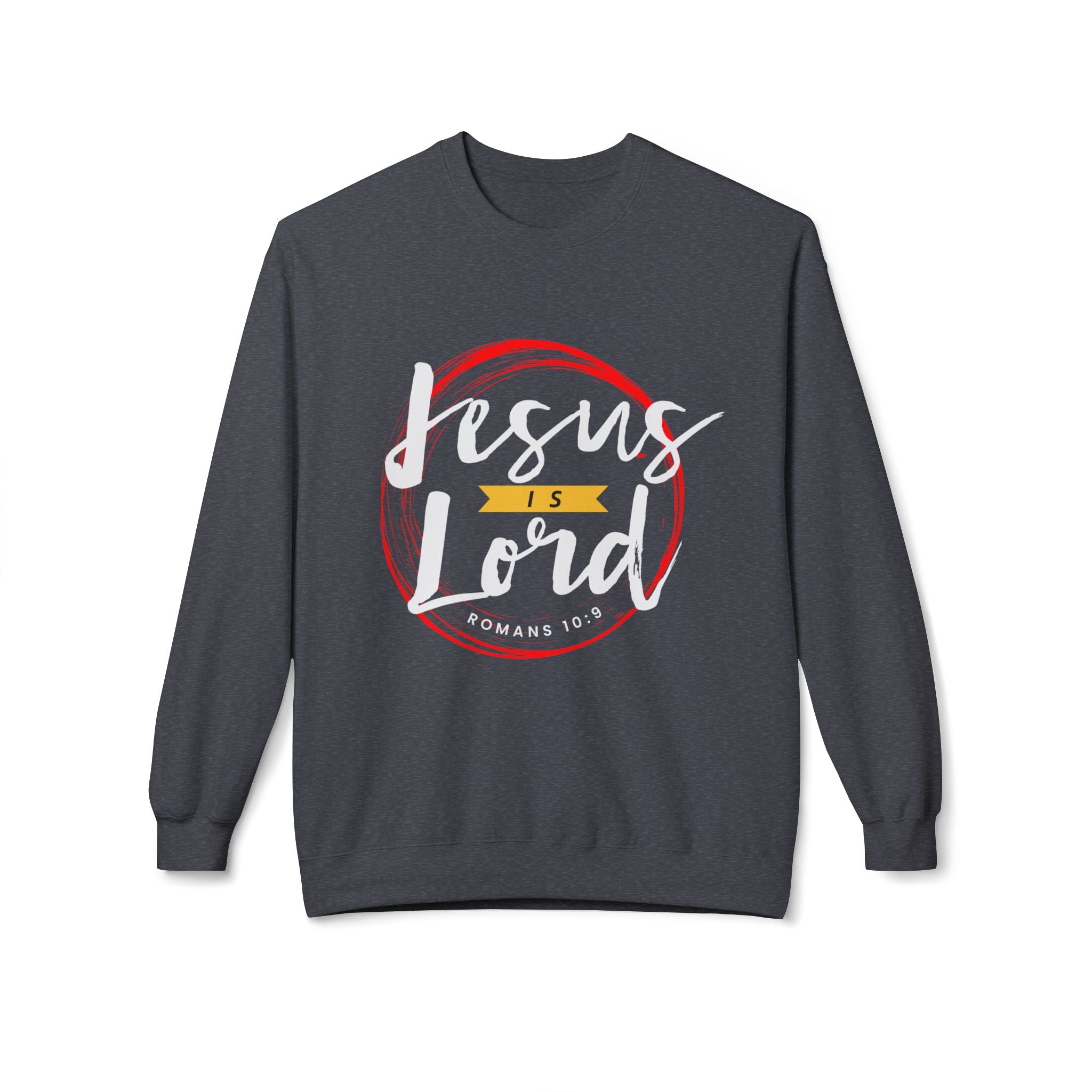 Unisex midweight softstyle fleece crewneck sweatshirt with "Jesus is Lord" print, comfortable casual wear from Printify.