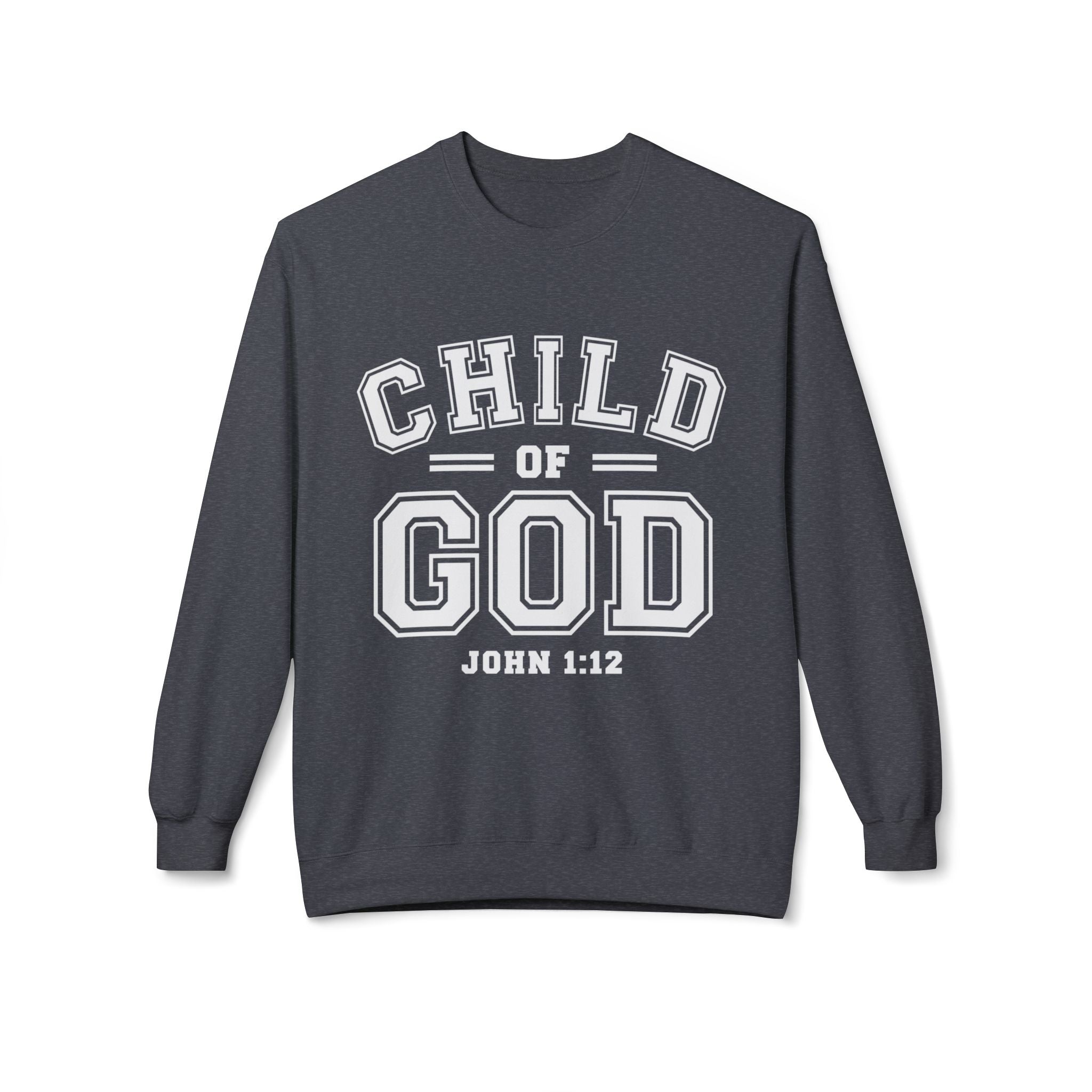 Unisex midweight softstyle fleece crewneck sweatshirt featuring "Child of God" design in black and white, casual and comfortable.