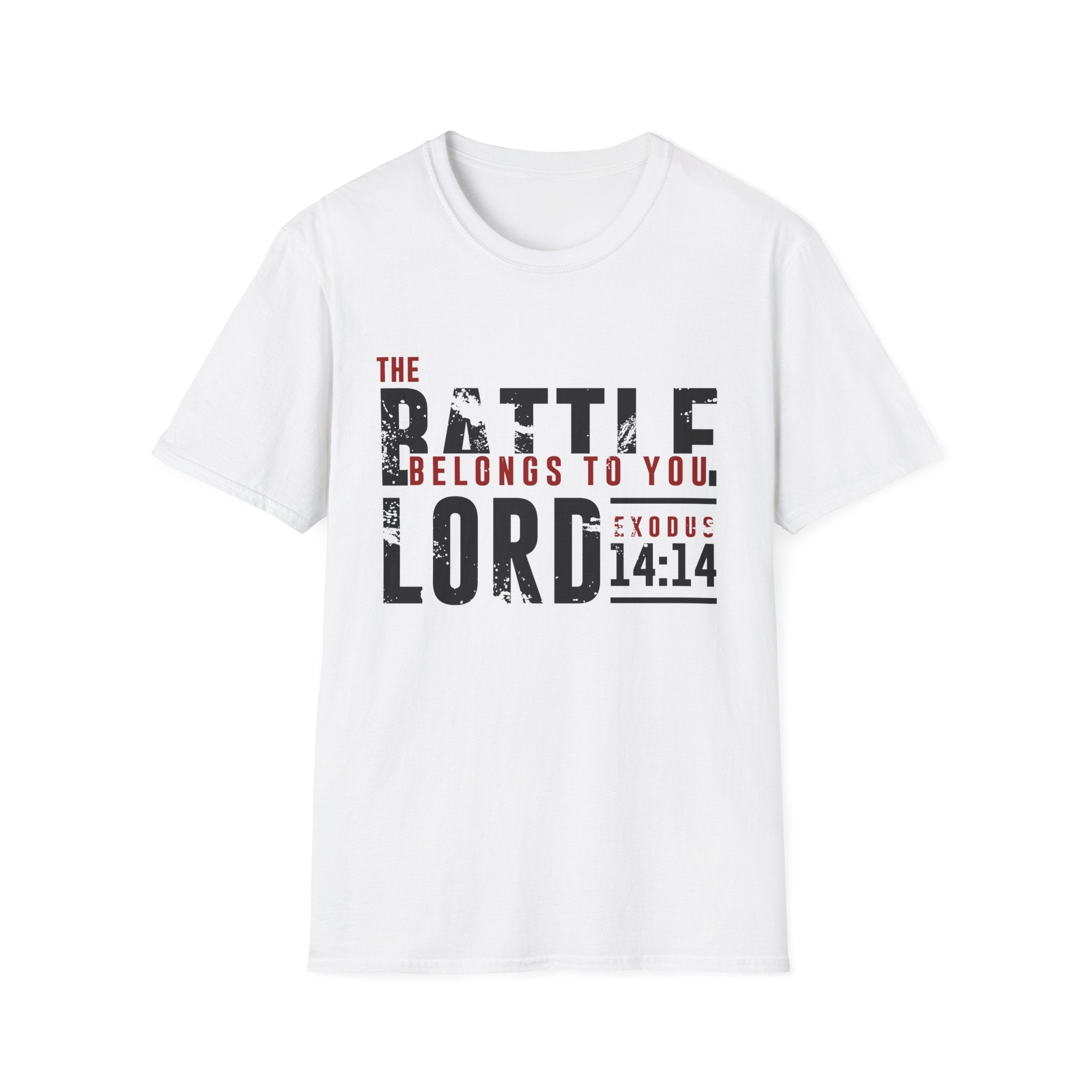 Unisex Softstyle T-Shirt featuring "The Battle Belongs to the Lord" design by Printify, showing the front view with printed text.