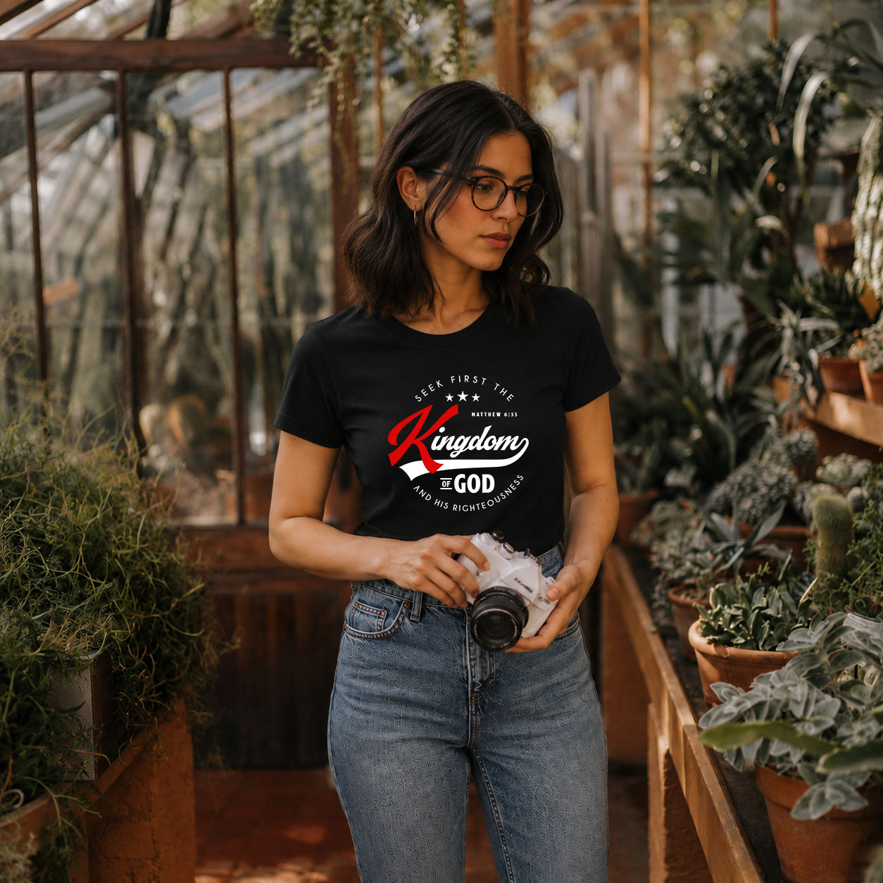 Unisex softstyle T-shirt with religious text "Seek First the Kingdom of God" printed on front, in soft fabric, by Printify.