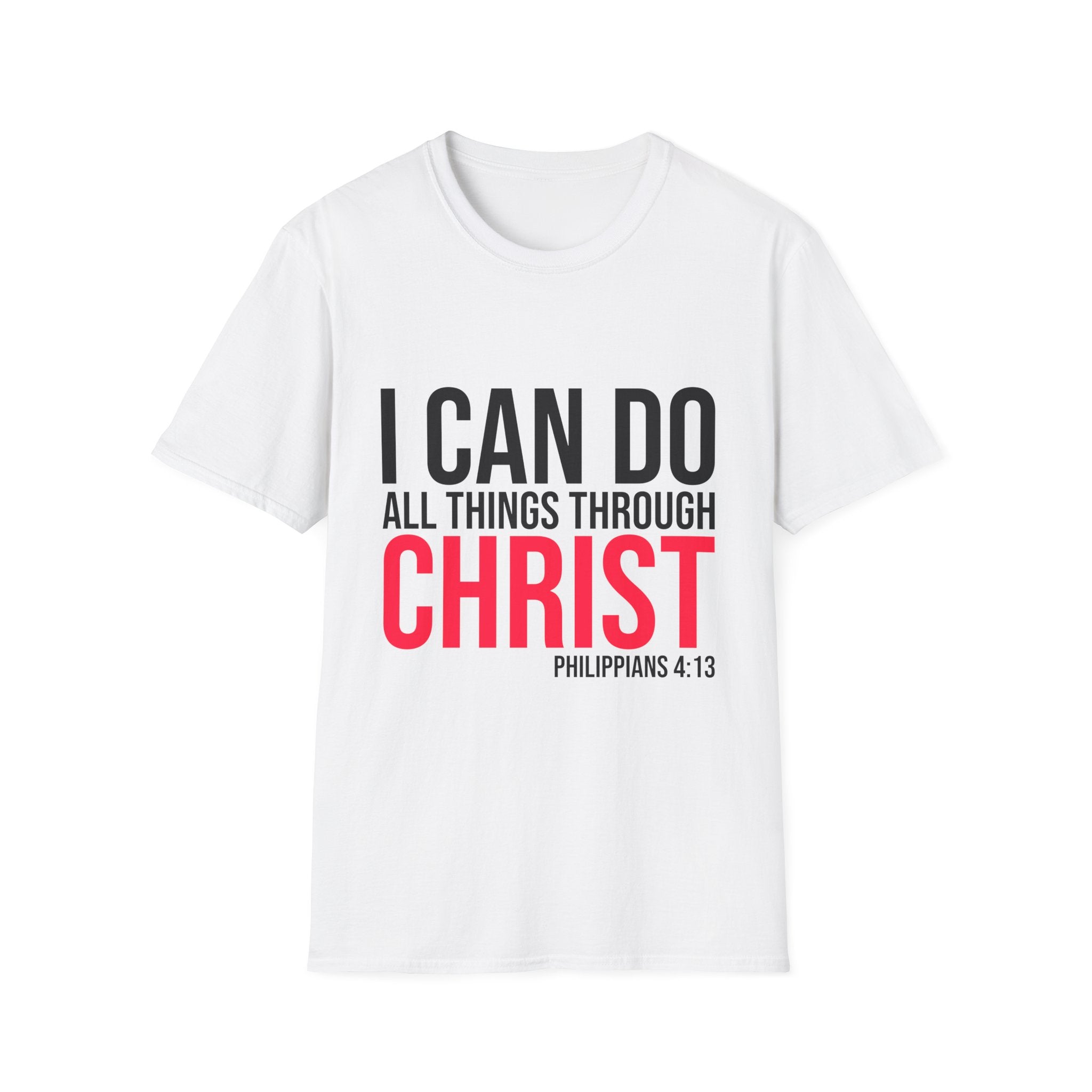 Unisex softstyle T-shirt with Christian quote "I Can Do All Things Through Christ" by Printify, shown on a plain background.