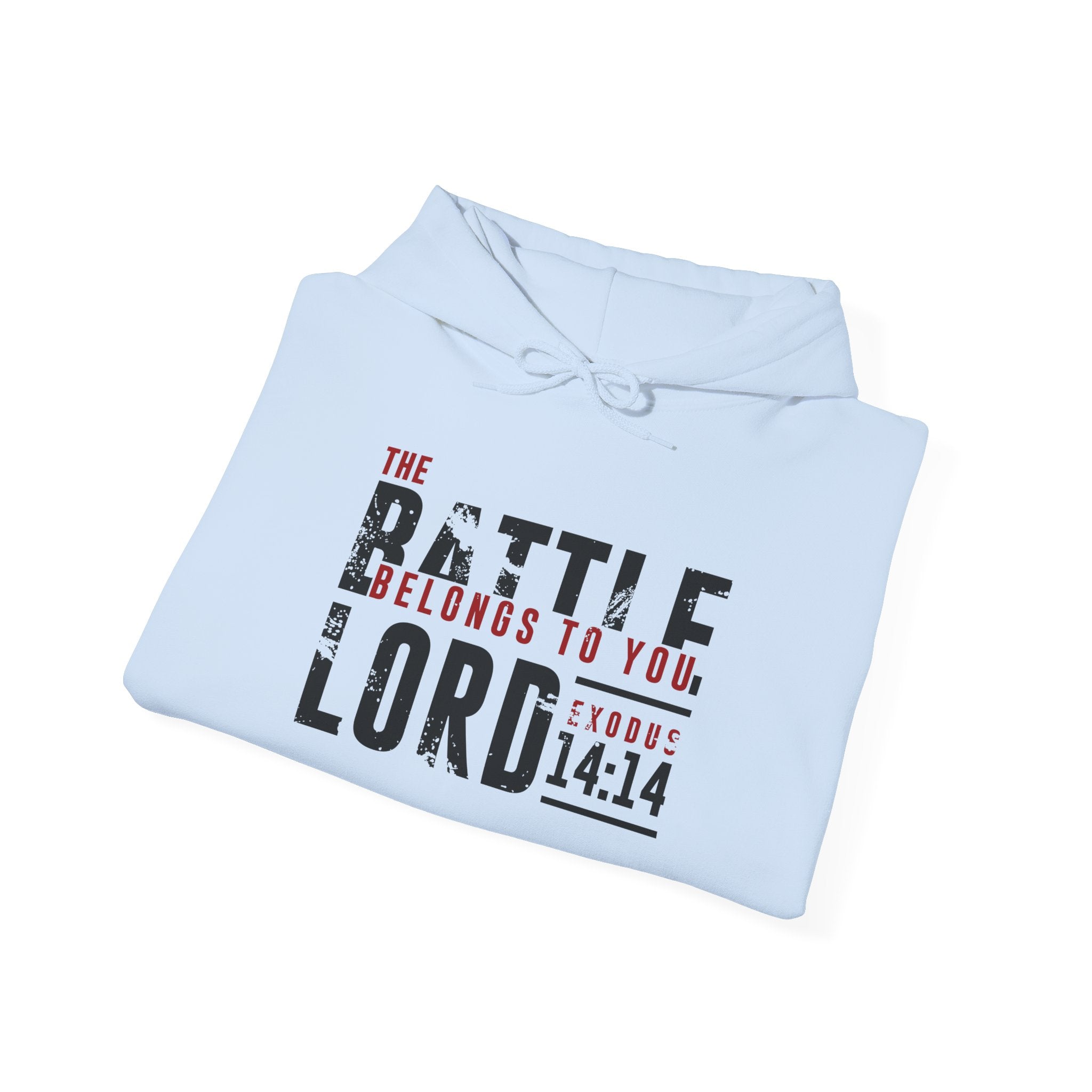 Unisex Heavy Blend™ Hoodie featuring "The Battle Belongs to the Lord" print, in black with front pocket and drawstrings, by Printify.