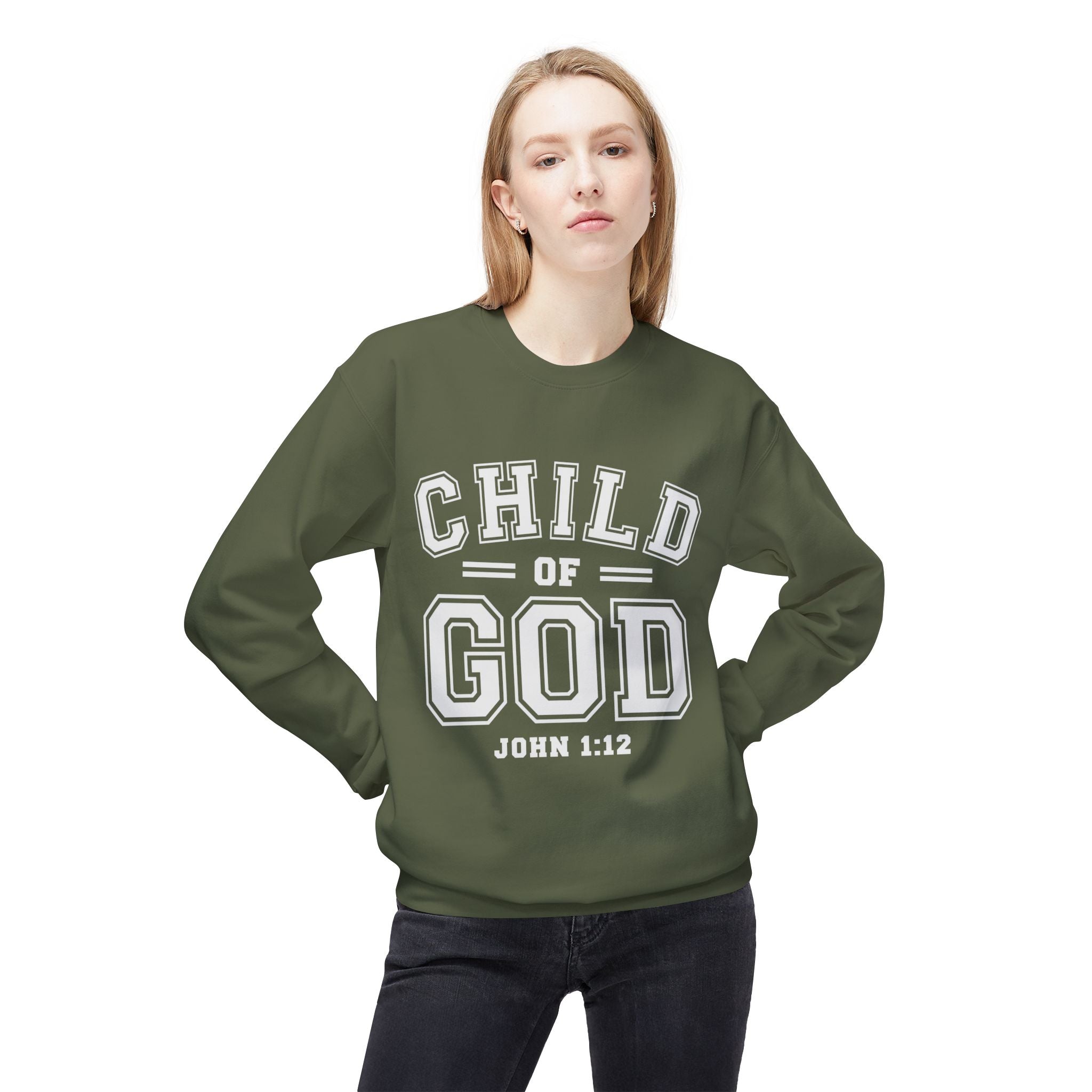 Unisex midweight softstyle fleece crewneck sweatshirt with "Child of God" print, featuring a comfortable fit and casual style.