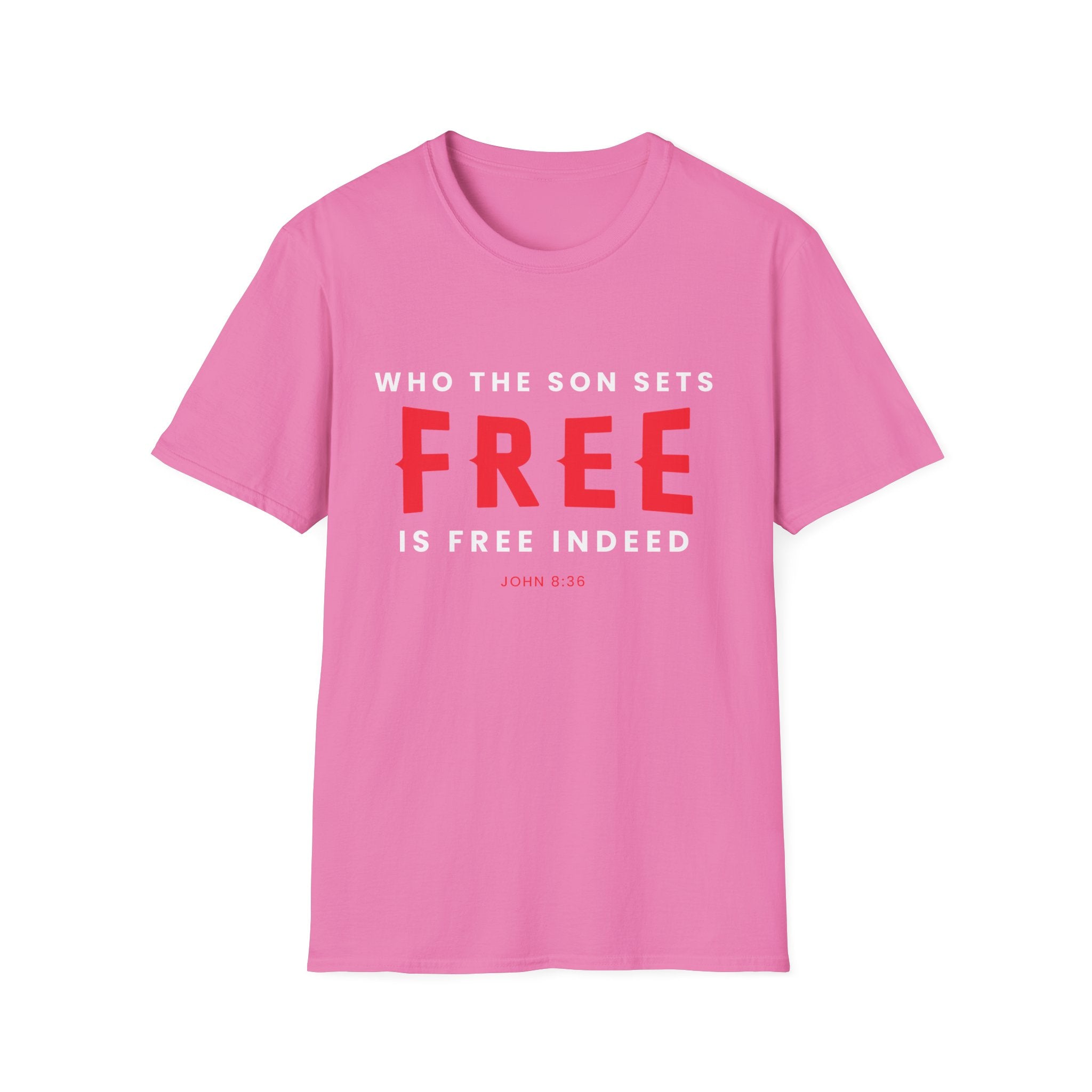 Unisex softstyle T-shirt with "Who the Son Sets Free is Free Indeed" printed in black text on white fabric.