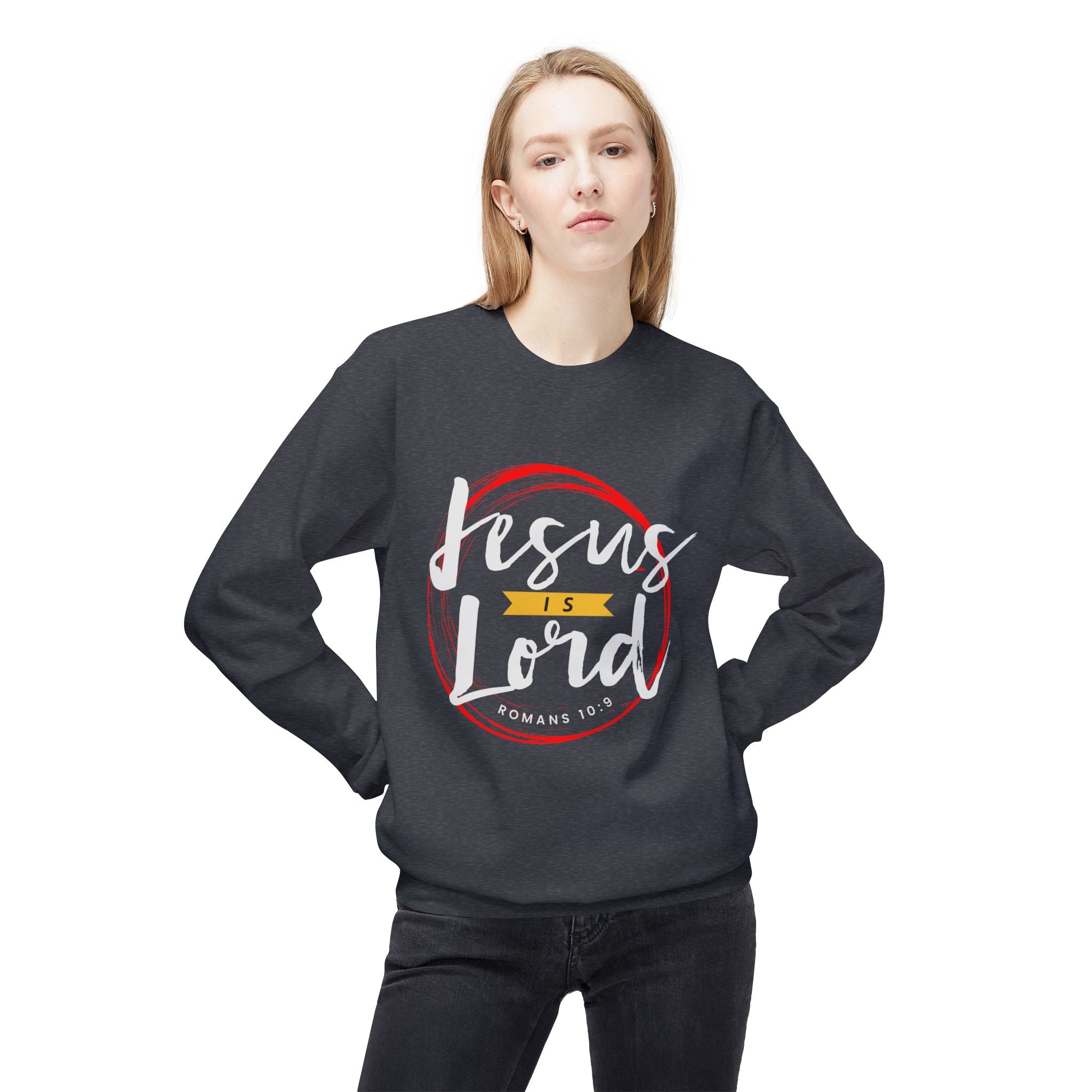Unisex midweight softstyle fleece crewneck sweatshirt with "Jesus is Lord" print in black on gray fabric.
