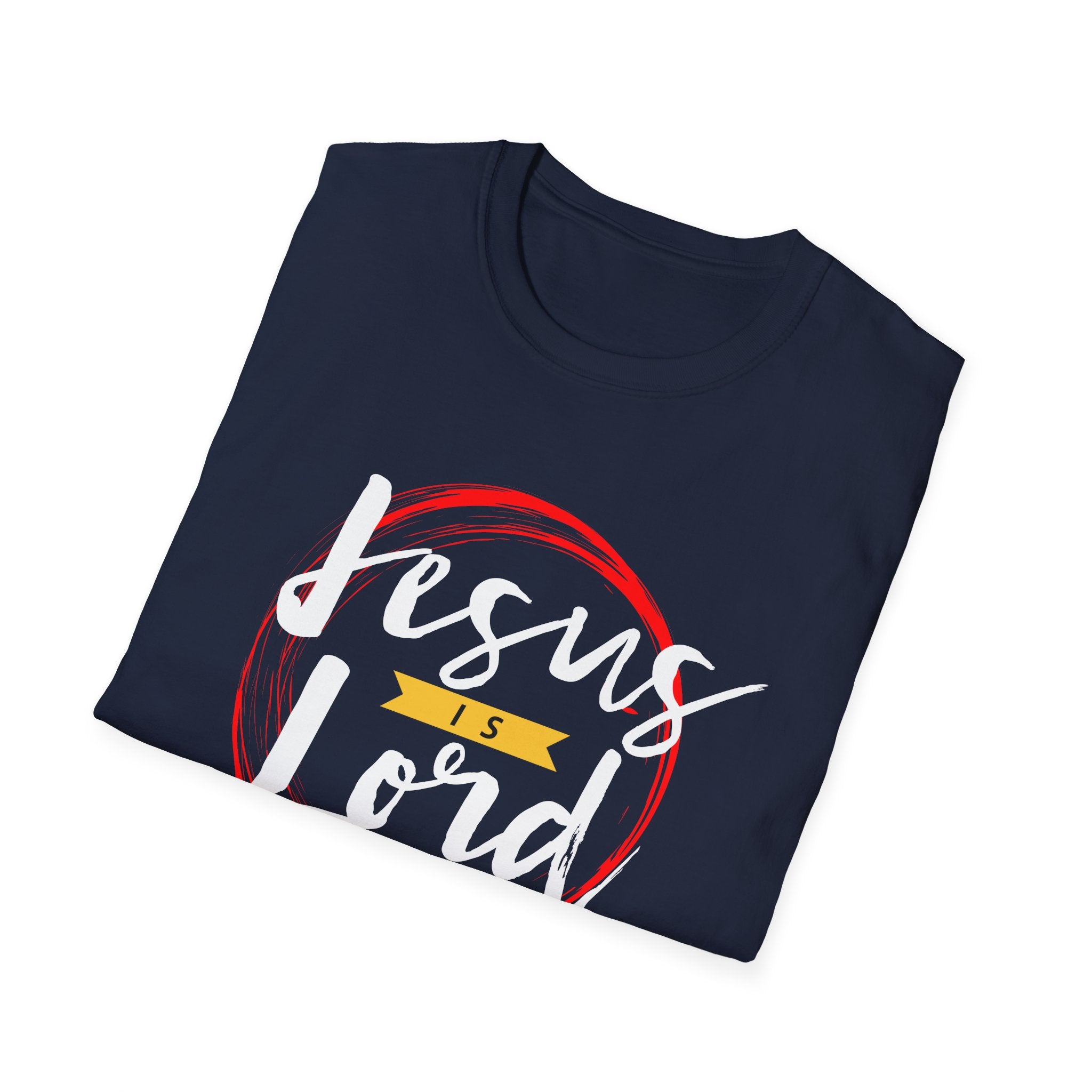 Unisex softstyle T-shirt with "Jesus is Lord" printed in bold text, featuring a comfortable fit and casual style.