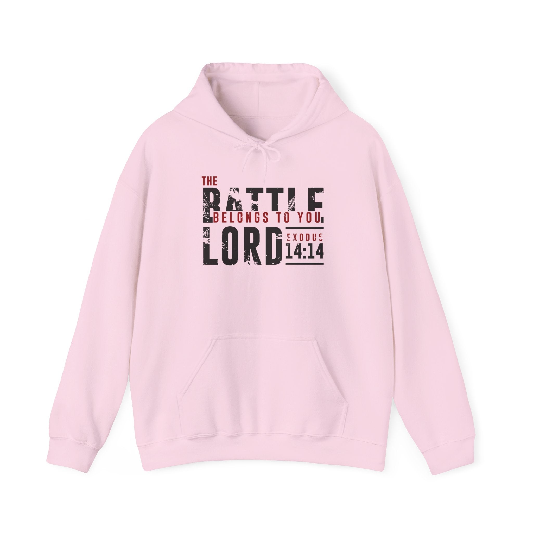 Unisex Heavy Blend™ Hoodie featuring "The Battle Belongs to the Lord" message, in black with front pocket and hood.