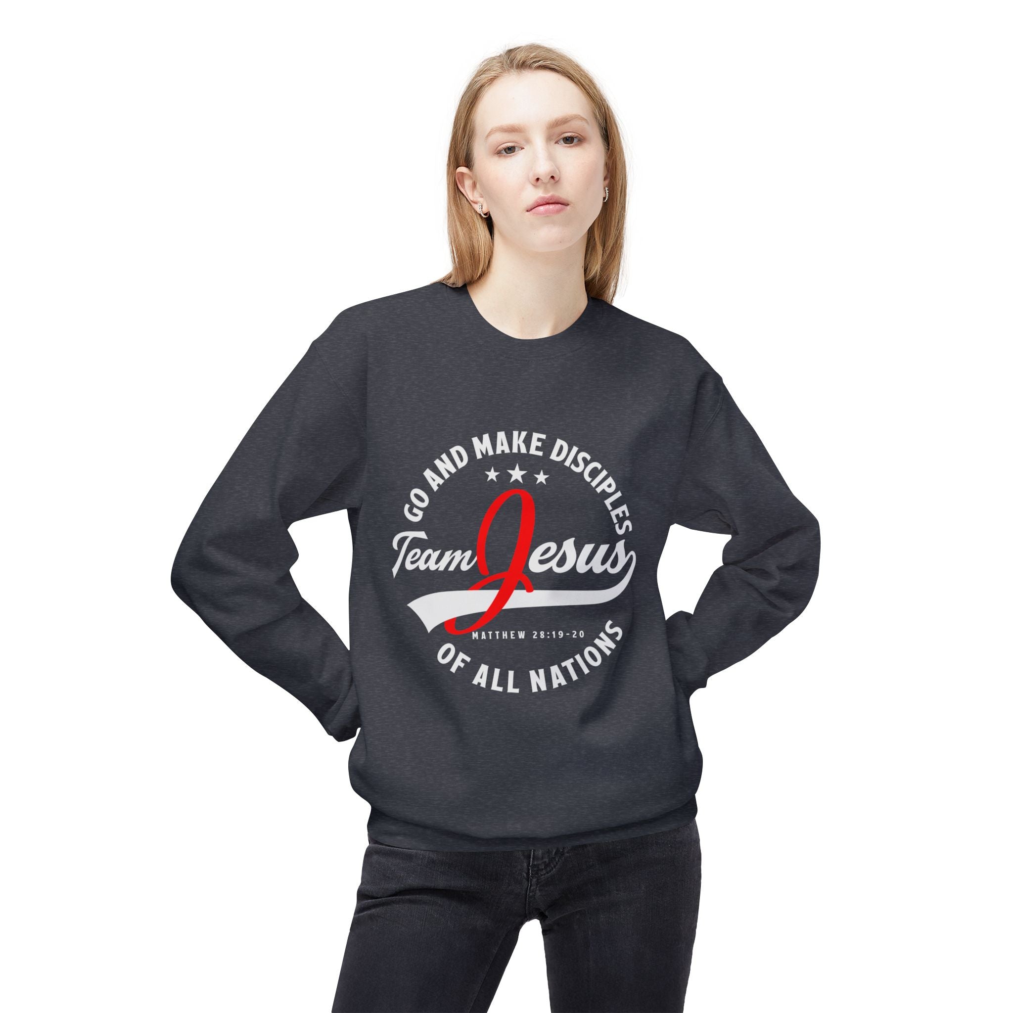 Unisex midweight softstyle fleece crewneck sweatshirt with "Team Jesus" print, made by Printify, shown in a close-up front view.