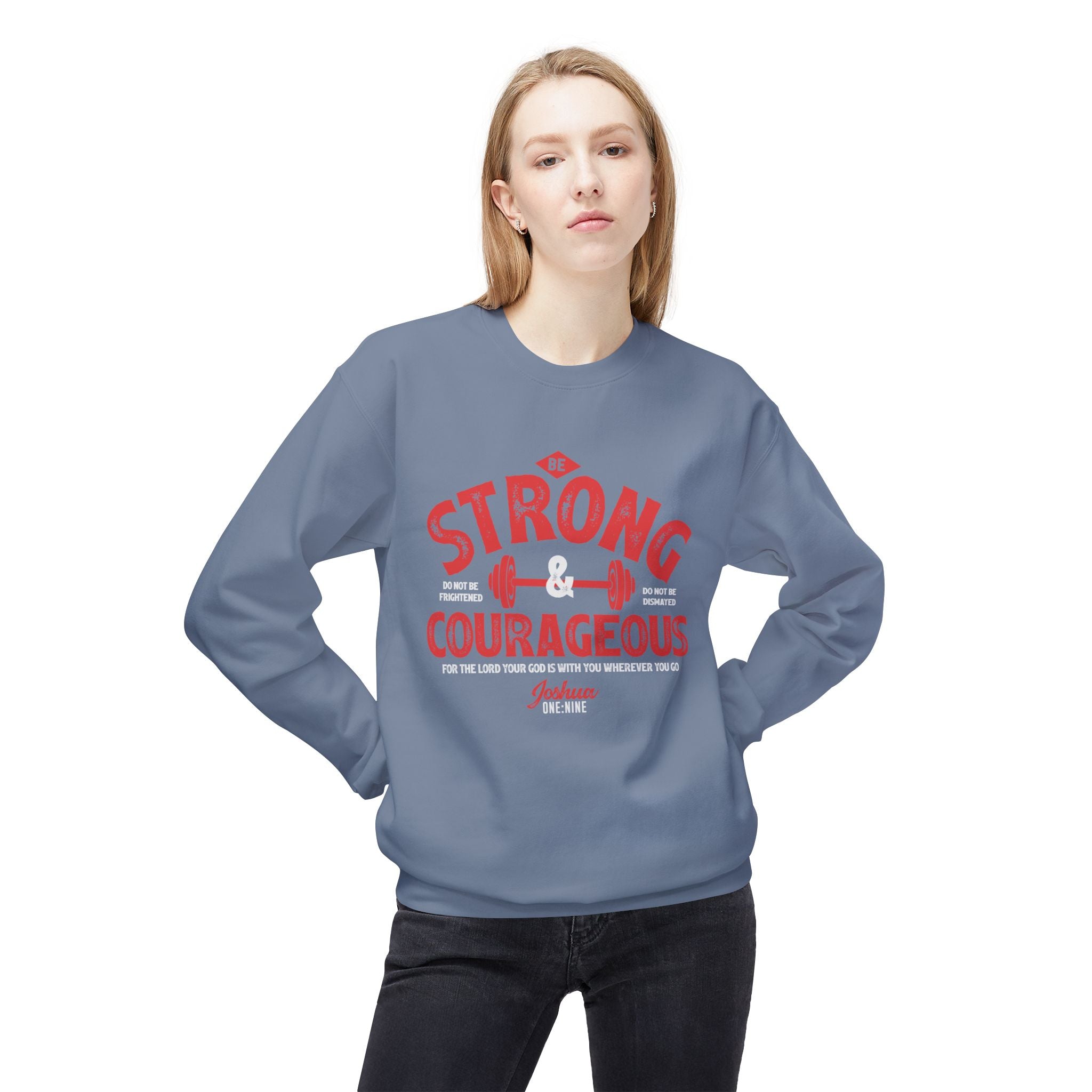 Unisex midweight softstyle fleece crewneck sweatshirt with "Be Strong and Courageous" printed design, from Printify.