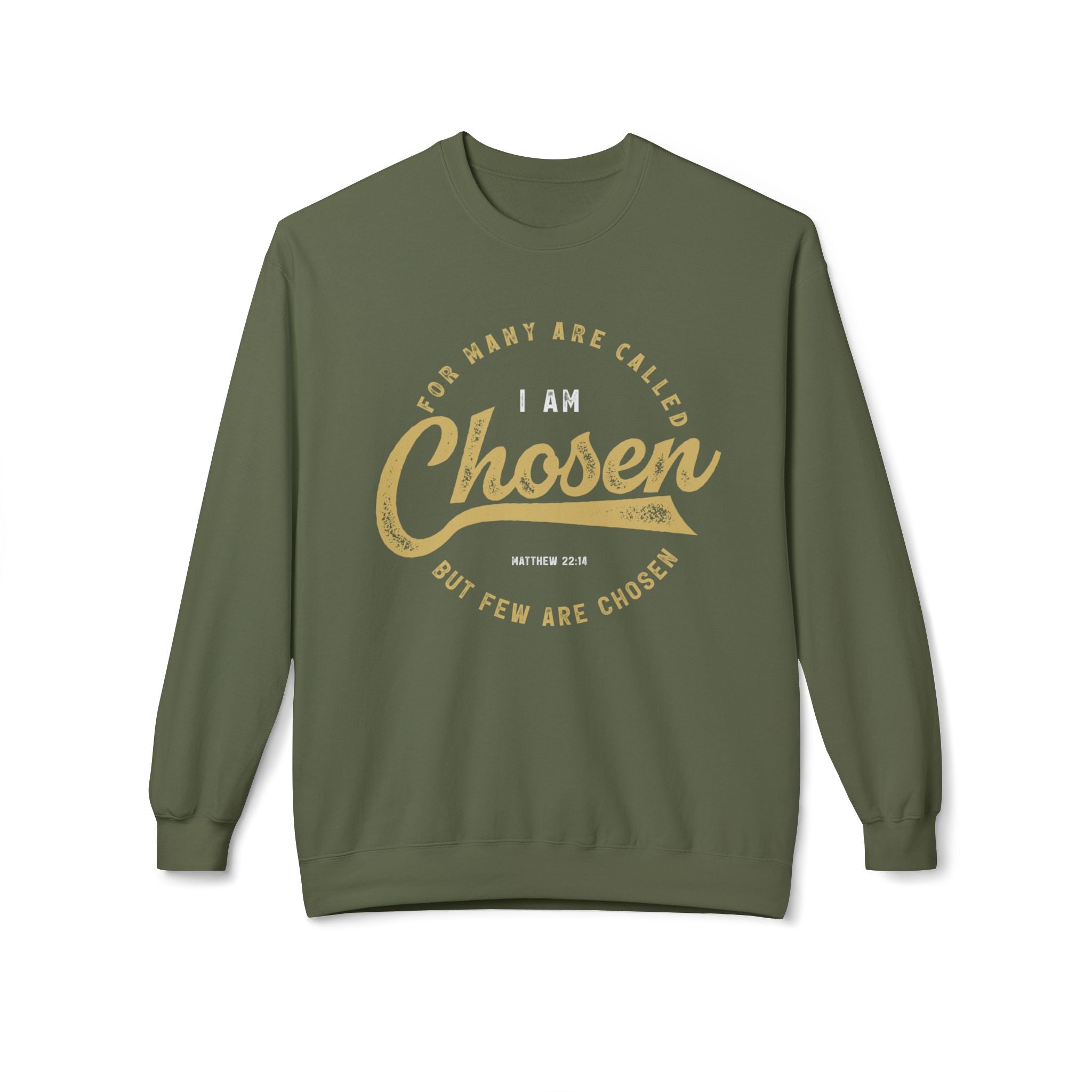 Unisex midweight softstyle fleece crewneck sweatshirt with "I Am Chosen" print, comfortable casual wear by Printify.