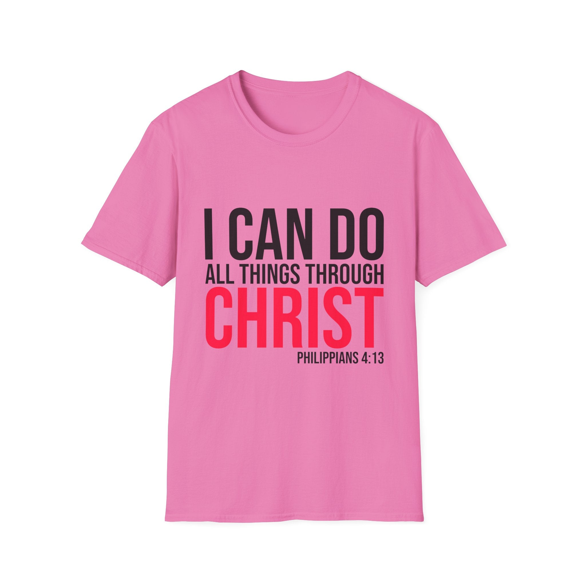Unisex softstyle T-shirt with Christian quote "I Can Do All Things Through Christ" in black text on white fabric.