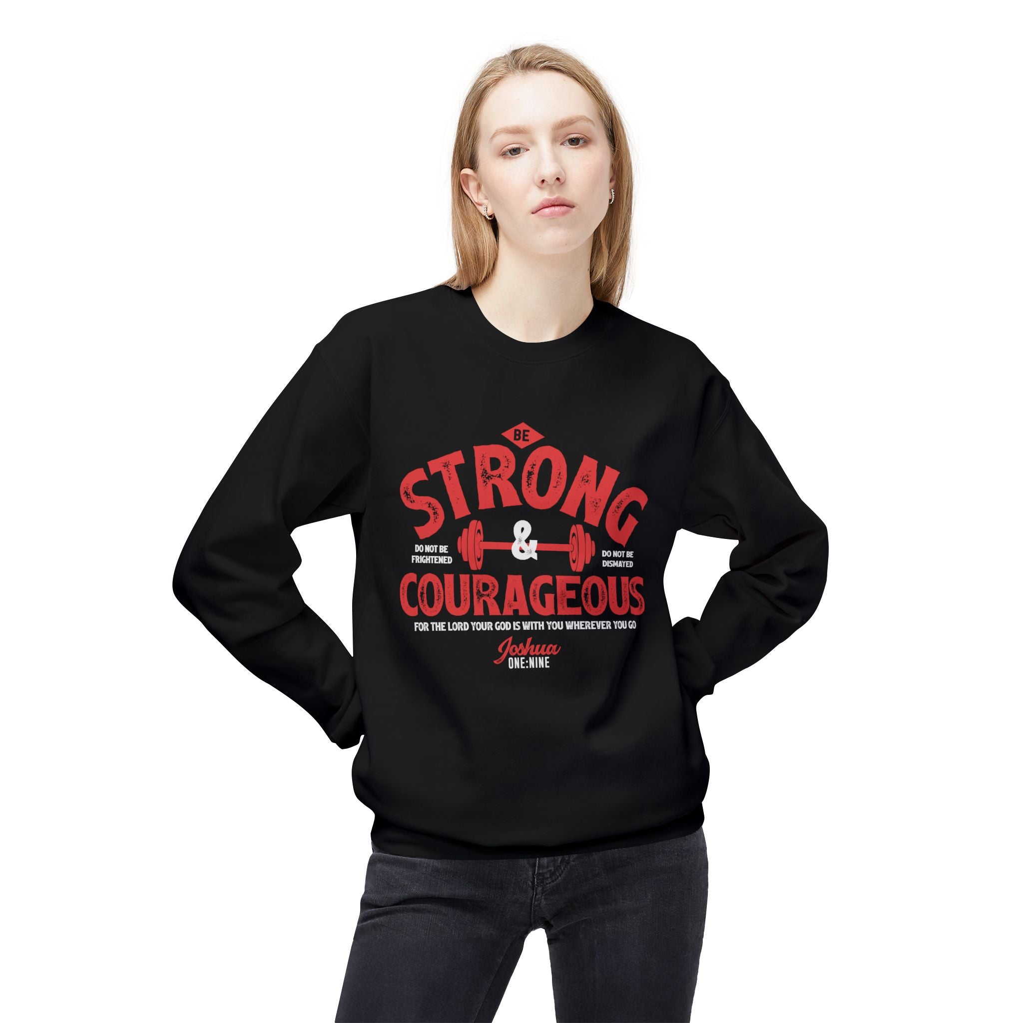 Unisex midweight softstyle fleece crewneck sweatshirt with "Be Strong and Courageous" print, casual comfort by Printify.