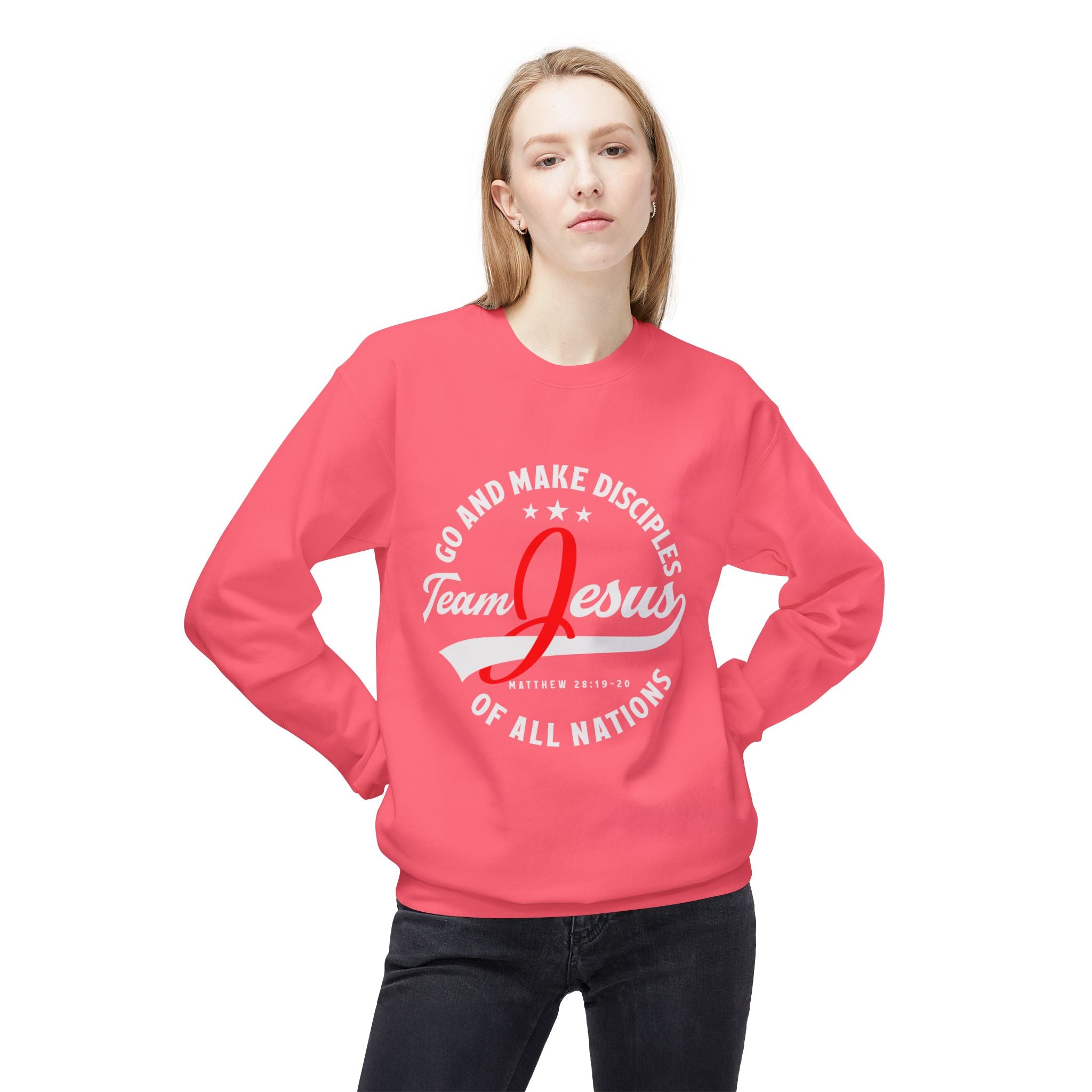 Unisex midweight softstyle fleece crewneck sweatshirt with "Team Jesus" print, casual fit, gray color, comfortable and stylish.