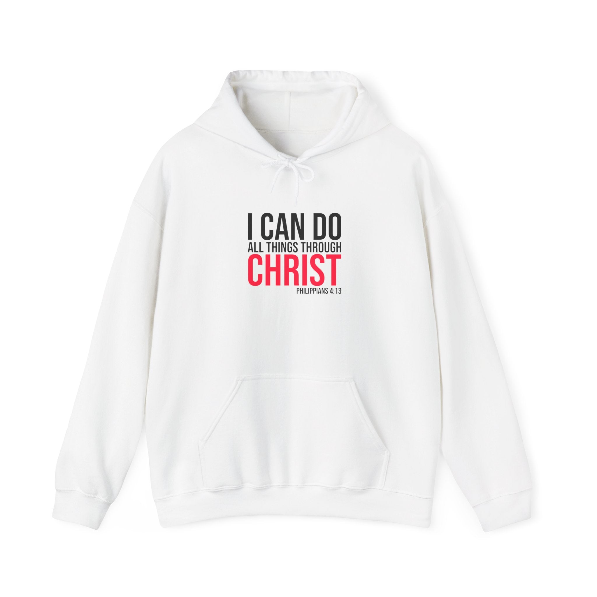 Unisex Heavy Blend hoodie with Christian quote "I Can Do All Things Through Christ" printed on front, in black and white.