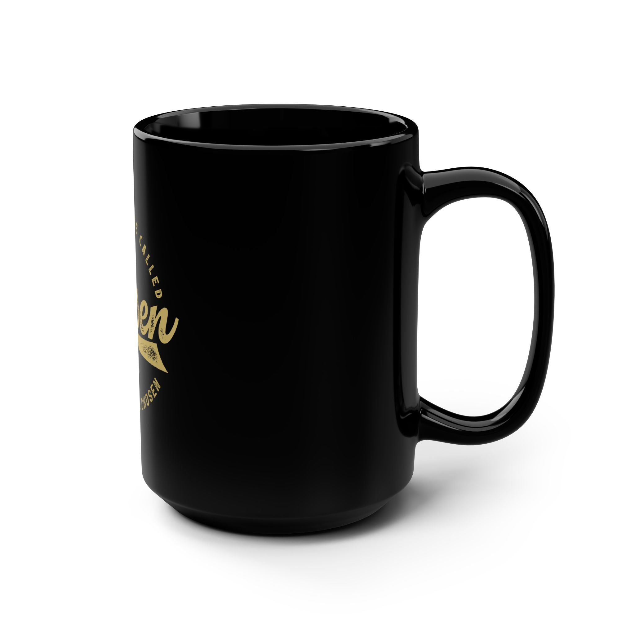 Black 15oz mug with "I Am Chosen" print, featuring a sleek design from Printify. Perfect for coffee or tea.