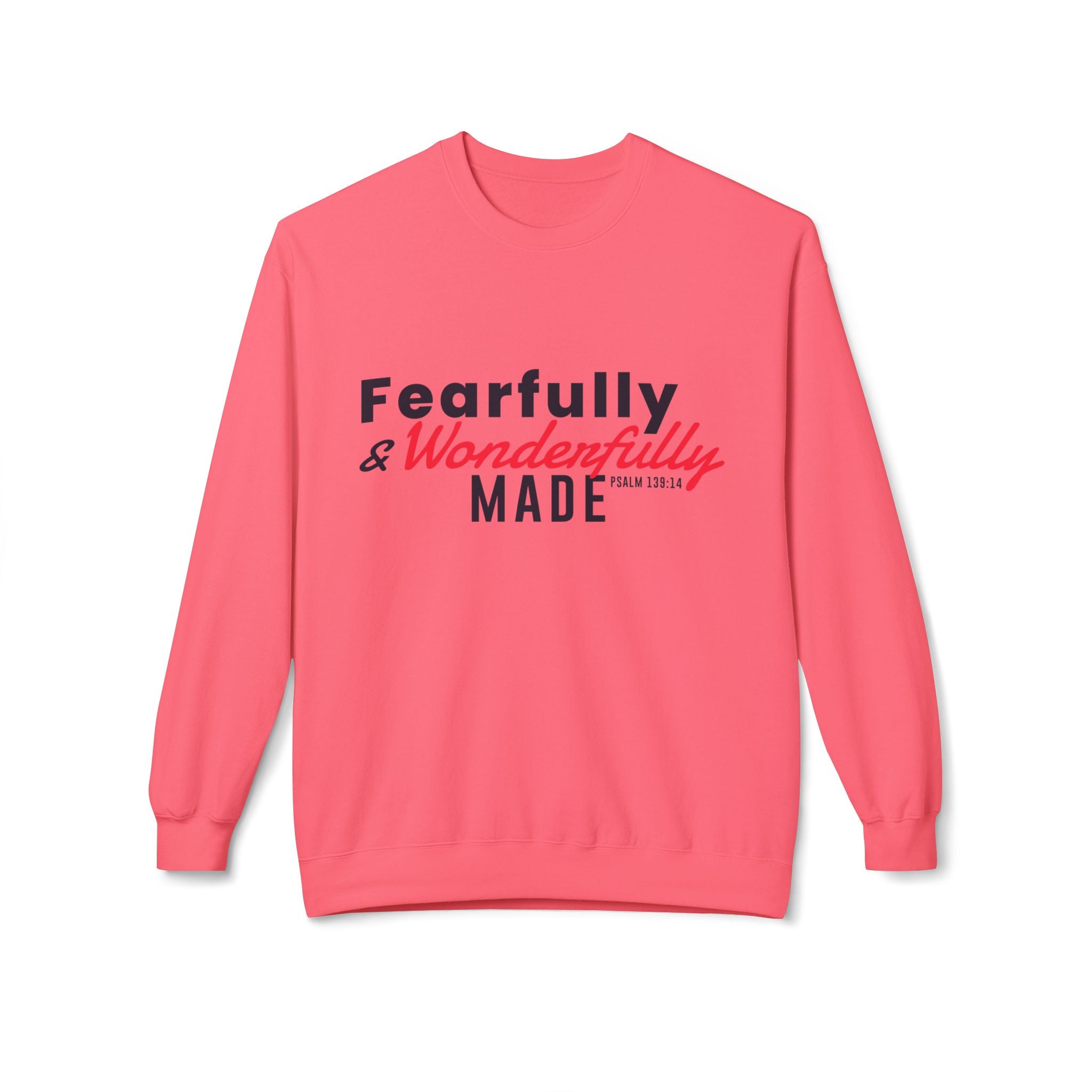 Unisex midweight softstyle fleece crewneck sweatshirt with "Fearfully and Wonderfully Made" print in black and white, casual and comfortable.