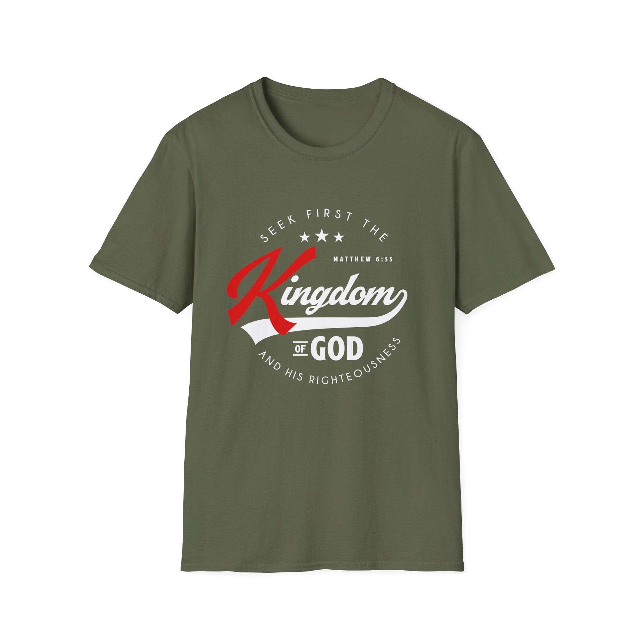 Unisex softstyle T-shirt with "Seek First the Kingdom of God" printed design, comfortable casual wear by Printify.