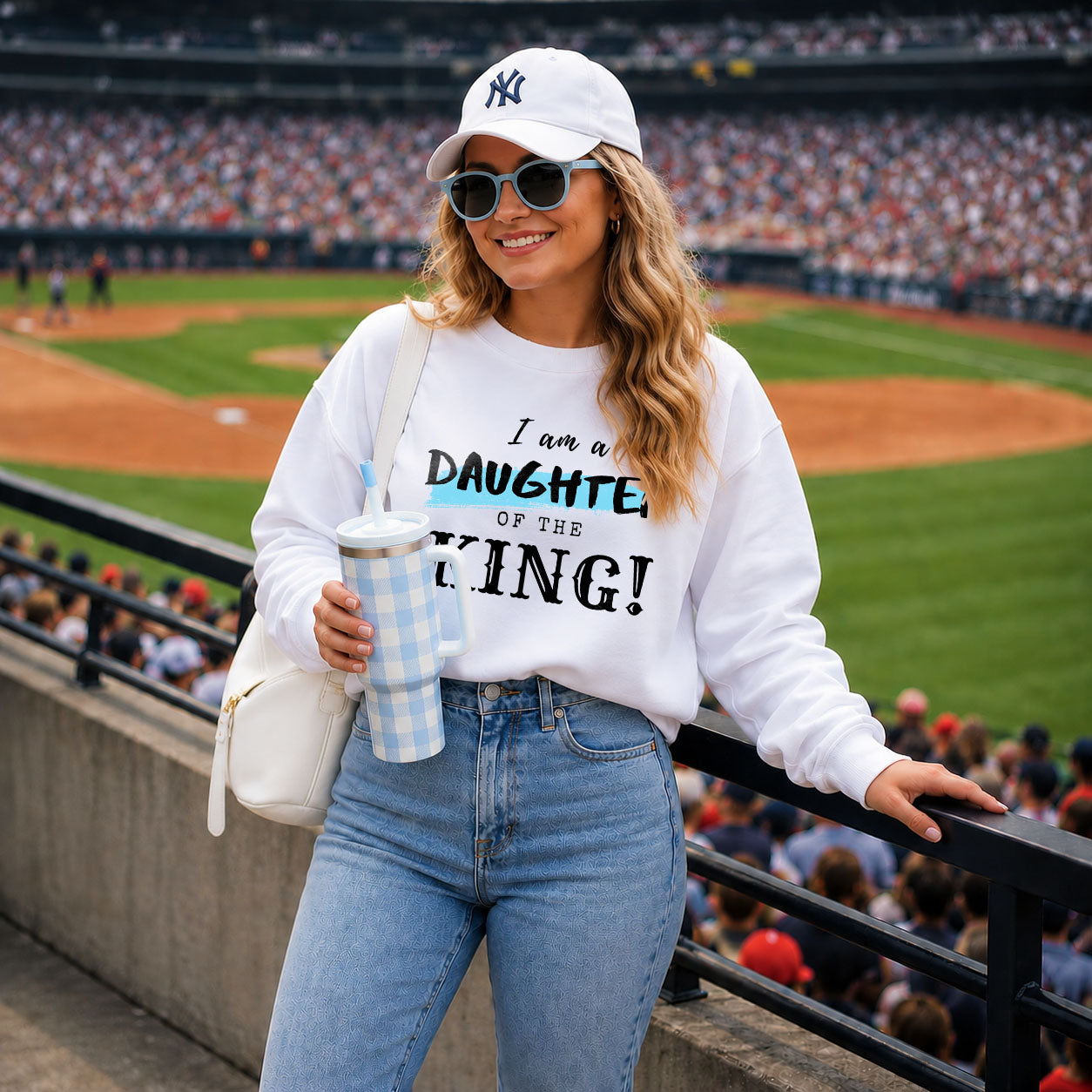 Unisex midweight softstyle fleece crewneck sweatshirt with "I Am a Daughter of the King" print, by Printify, shown in image 36.