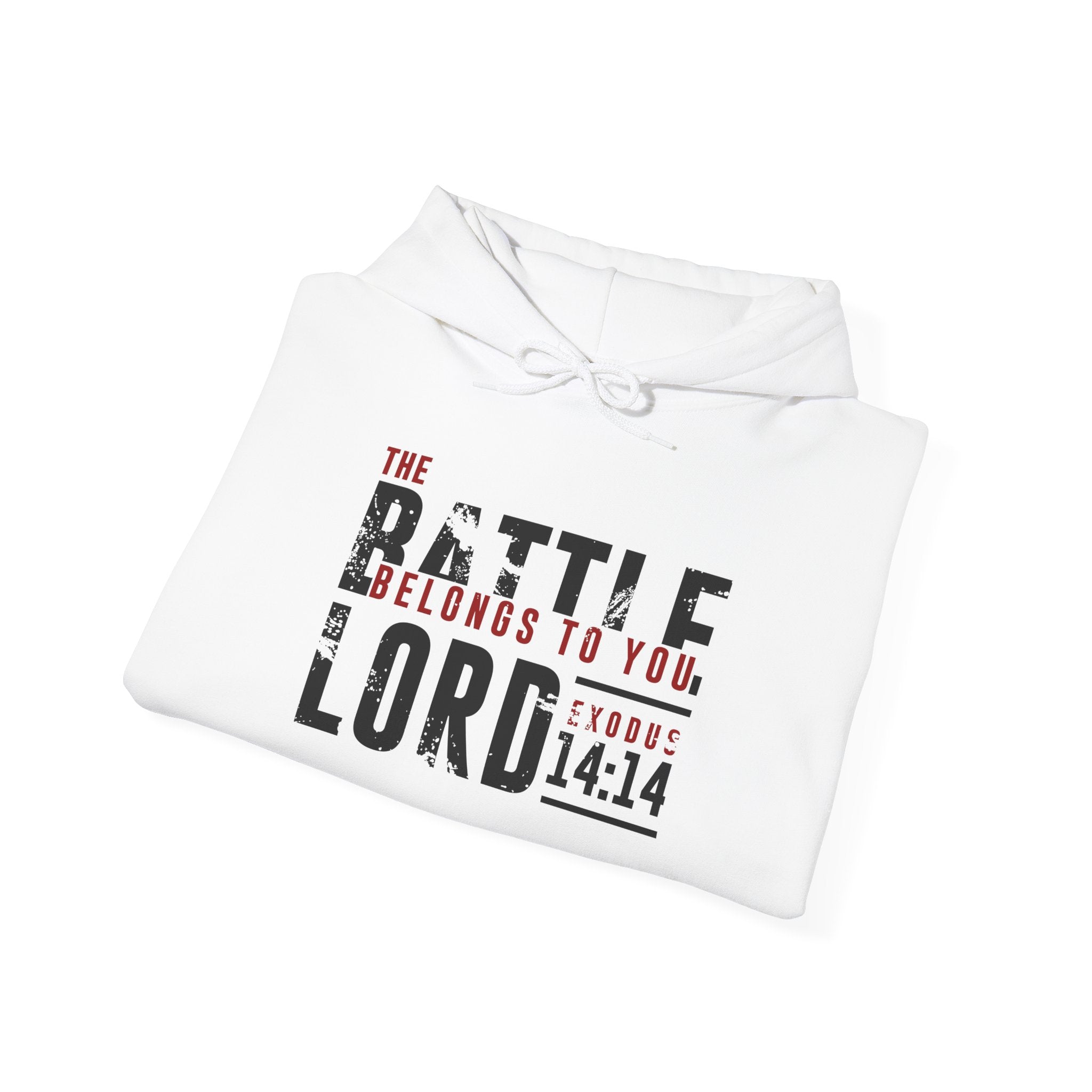 Unisex Heavy Blend™ Hoodie featuring "The Battle Belongs to the Lord" design, casual athletic style, in grey with front print.