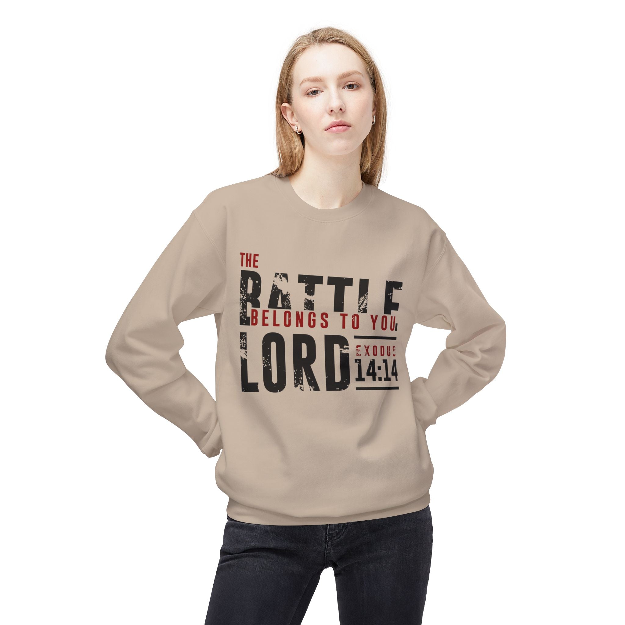 Unisex midweight softstyle fleece crewneck sweatshirt with "The Battle Belongs to the Lord" print, by Printify.