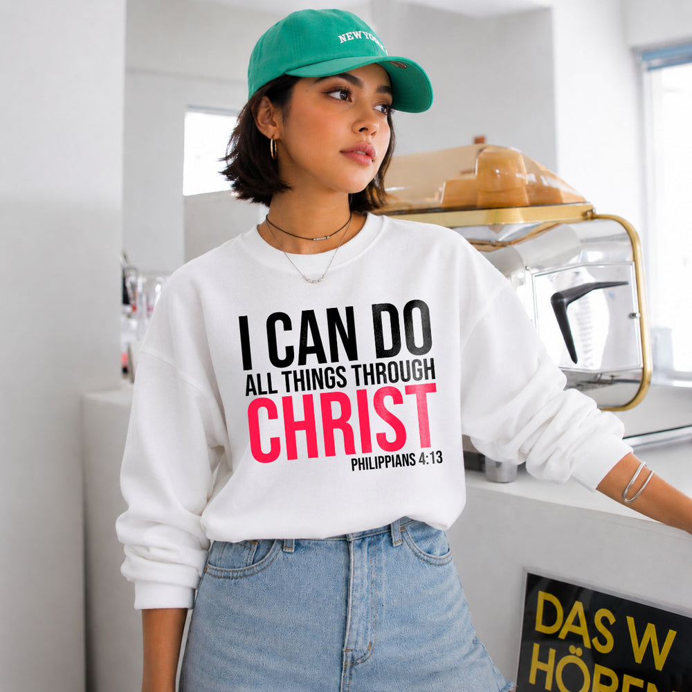 Unisex midweight softstyle fleece crewneck sweatshirt with inspirational "I Can Do All Things Through Christ" print, by Printify.