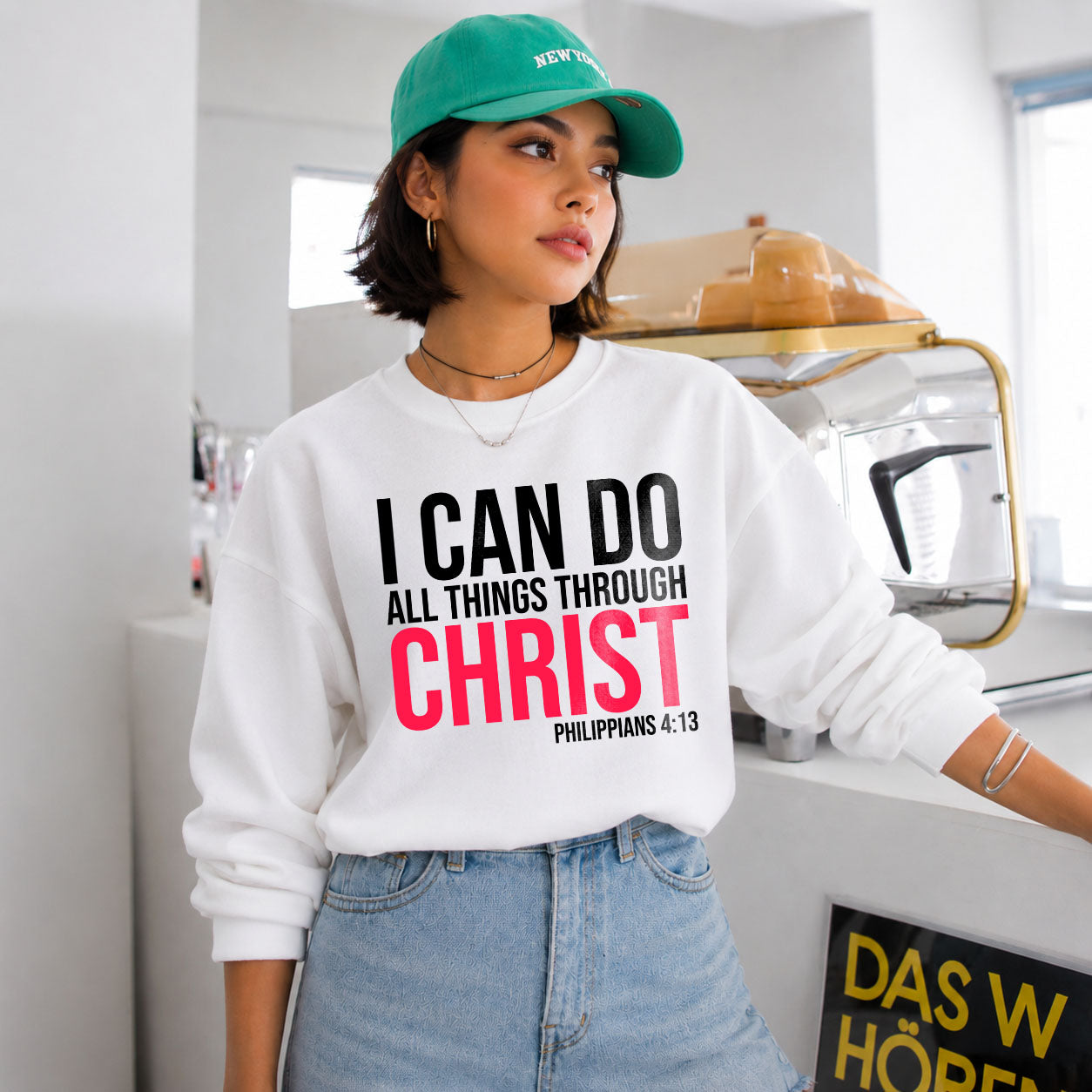 Unisex midweight softstyle fleece crewneck sweatshirt with inspirational "I Can Do All Things Through Christ" print, by Printify.
