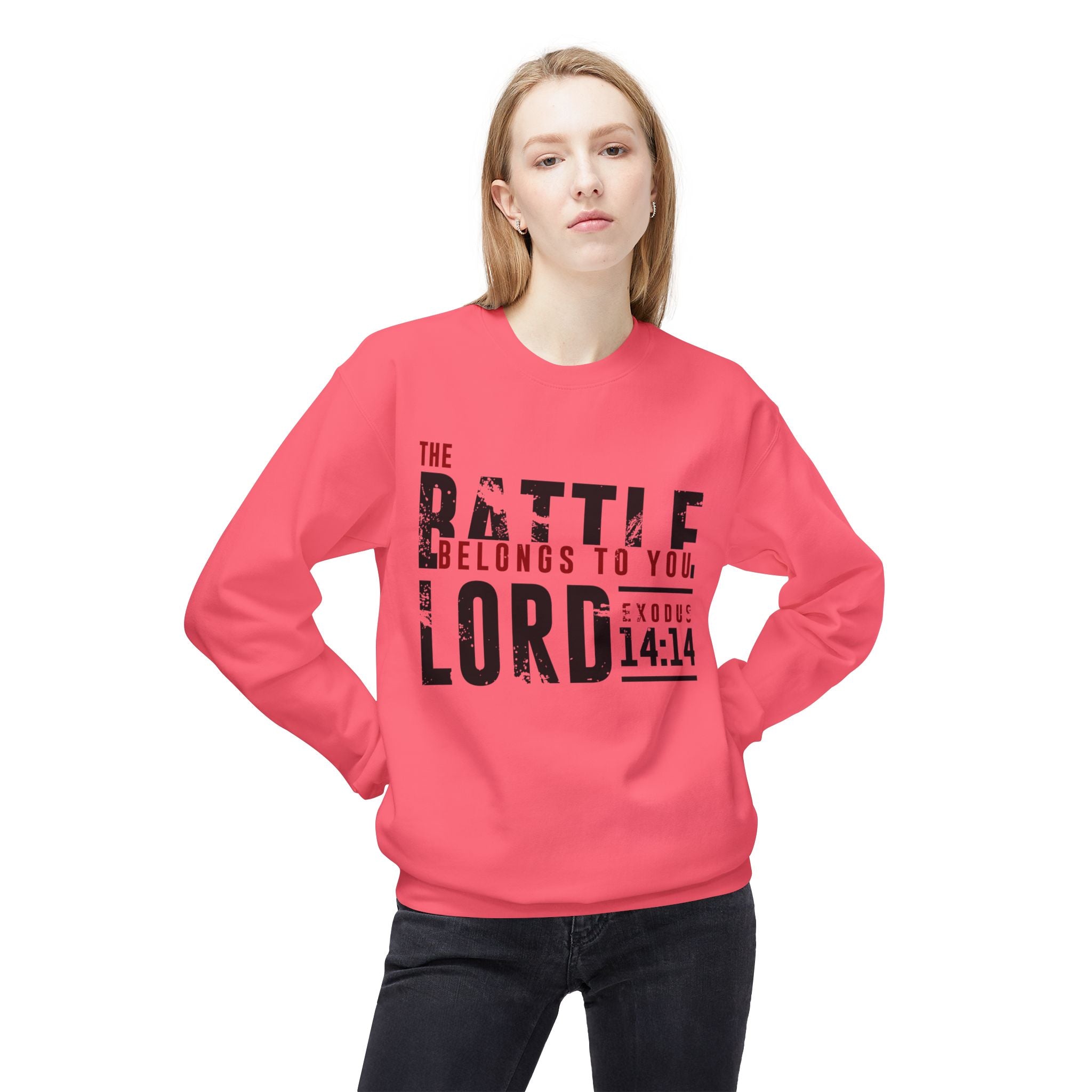 Unisex midweight softstyle fleece crewneck sweatshirt with "The Battle Belongs to the Lord" print, by Printify.