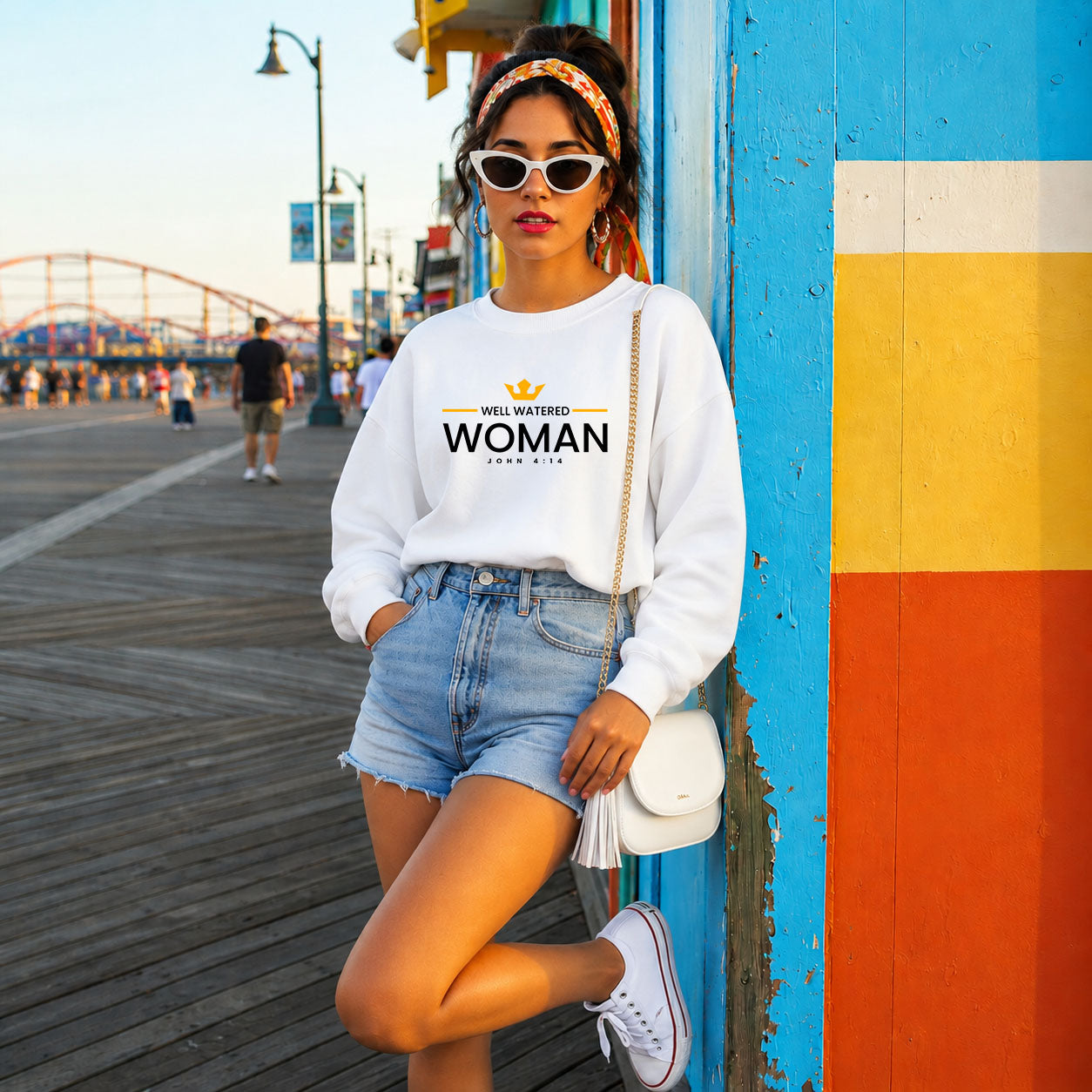 Unisex midweight softstyle fleece crewneck sweatshirt with "Well Watered Woman" design, featuring a comfortable fit and casual style.