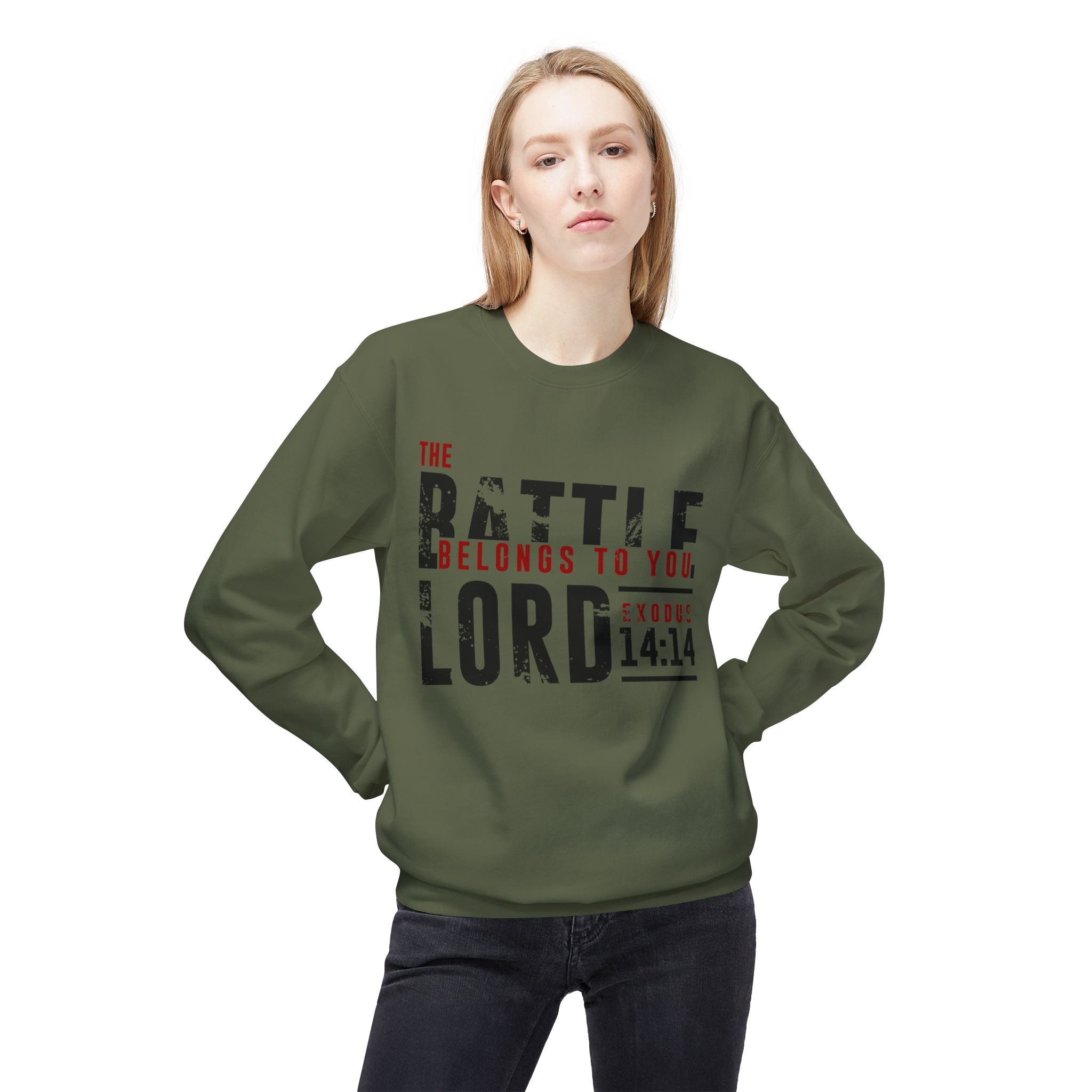 Unisex midweight softstyle fleece crewneck sweatshirt with "The Battle Belongs to the Lord" print by Printify, shown on a mannequin.