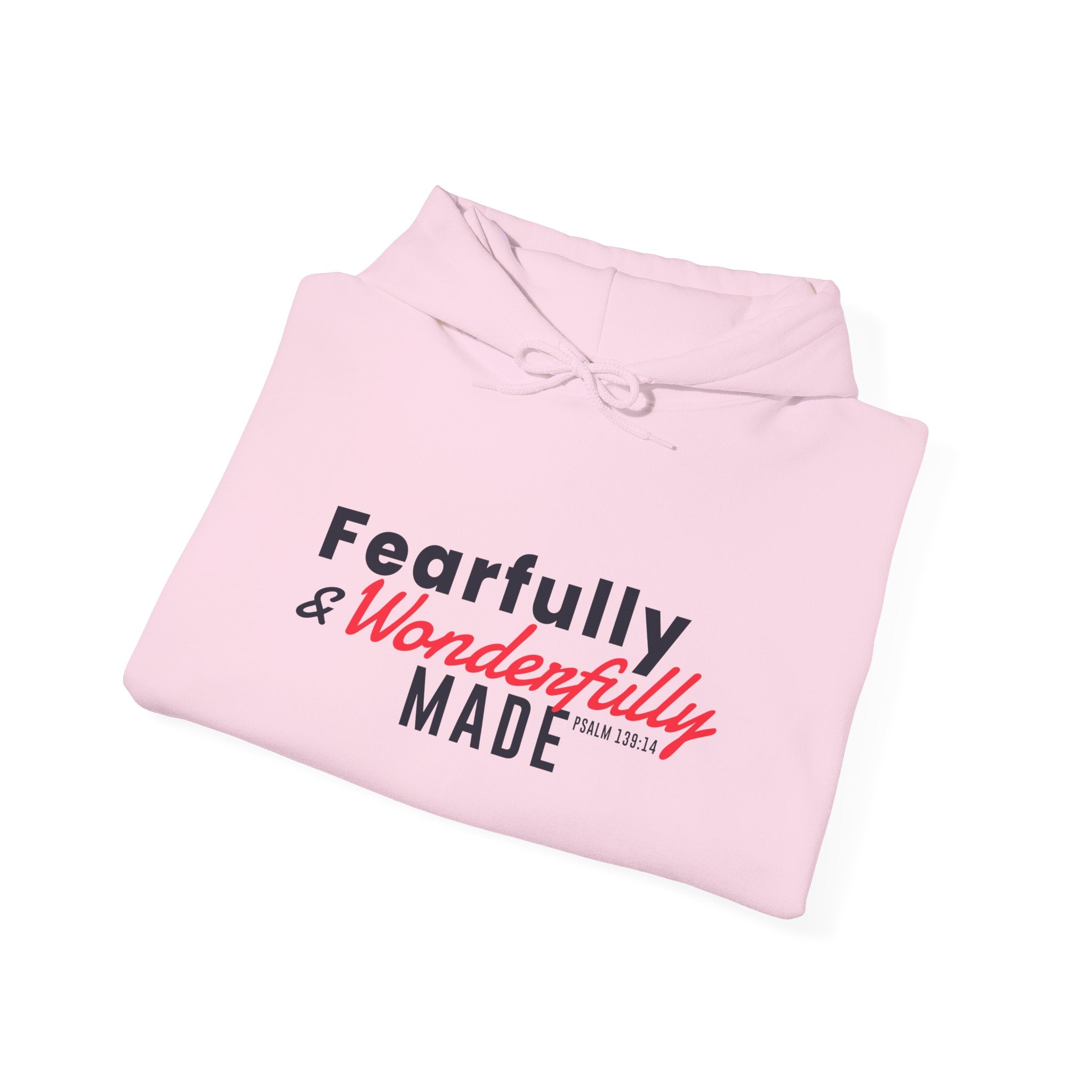 Unisex Heavy Blend hoodie by Printify featuring "Fearfully and Wonderfully Made" text, in gray with a front pocket and hood.