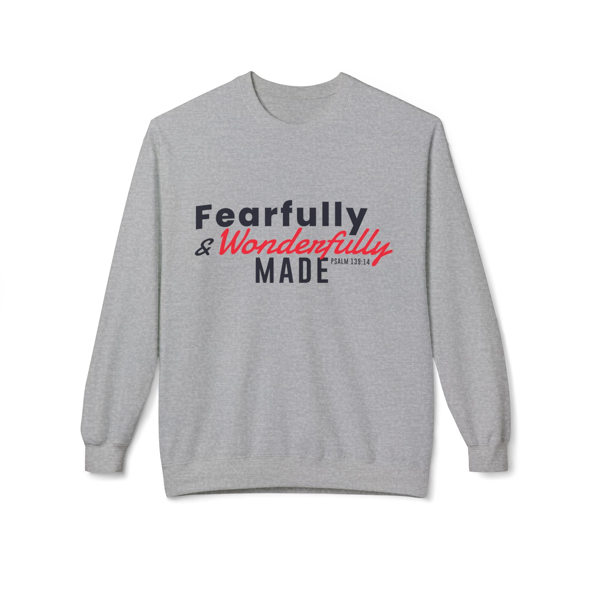 Unisex midweight softstyle fleece crewneck sweatshirt with "Fearfully and Wonderfully Made" print, by Printify.