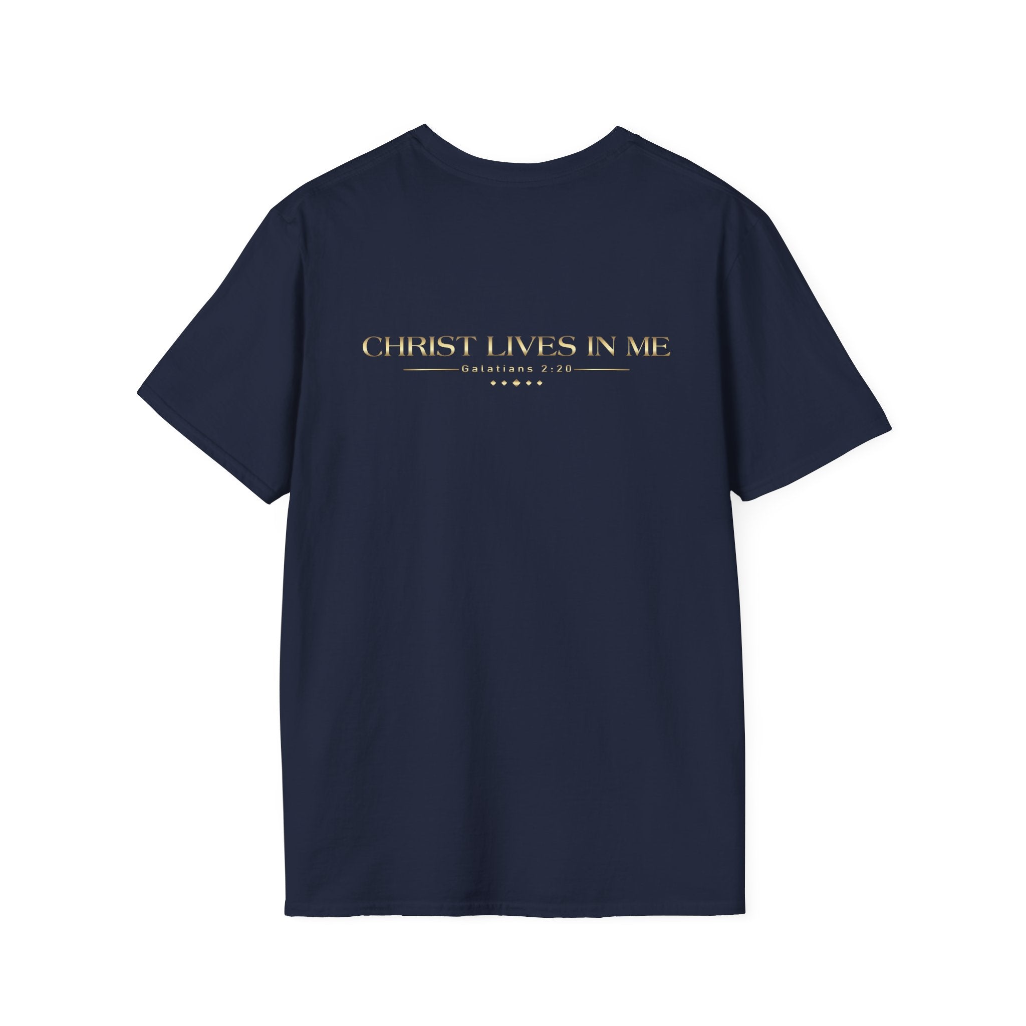 Unisex softstyle T-shirt with Jesus logo and "Christ Lives in Me" text, featuring a comfortable fit and Christian-themed design.