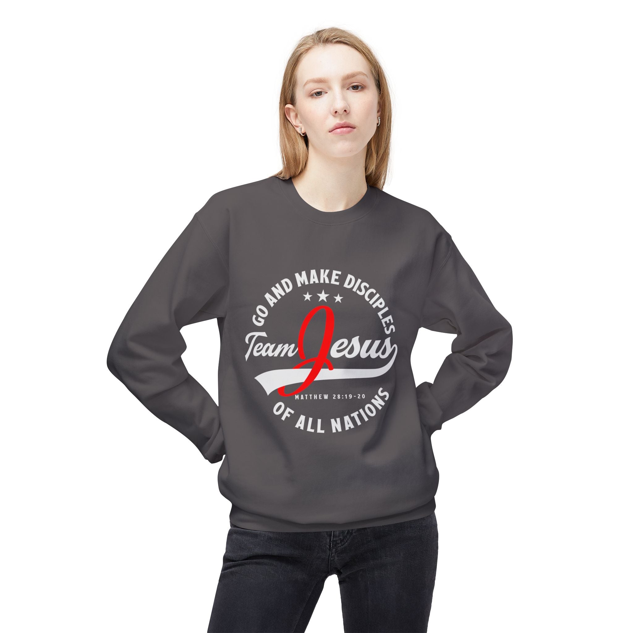 Unisex midweight softstyle fleece crewneck sweatshirt with "Team Jesus" print by Printify, shown in black with front design.