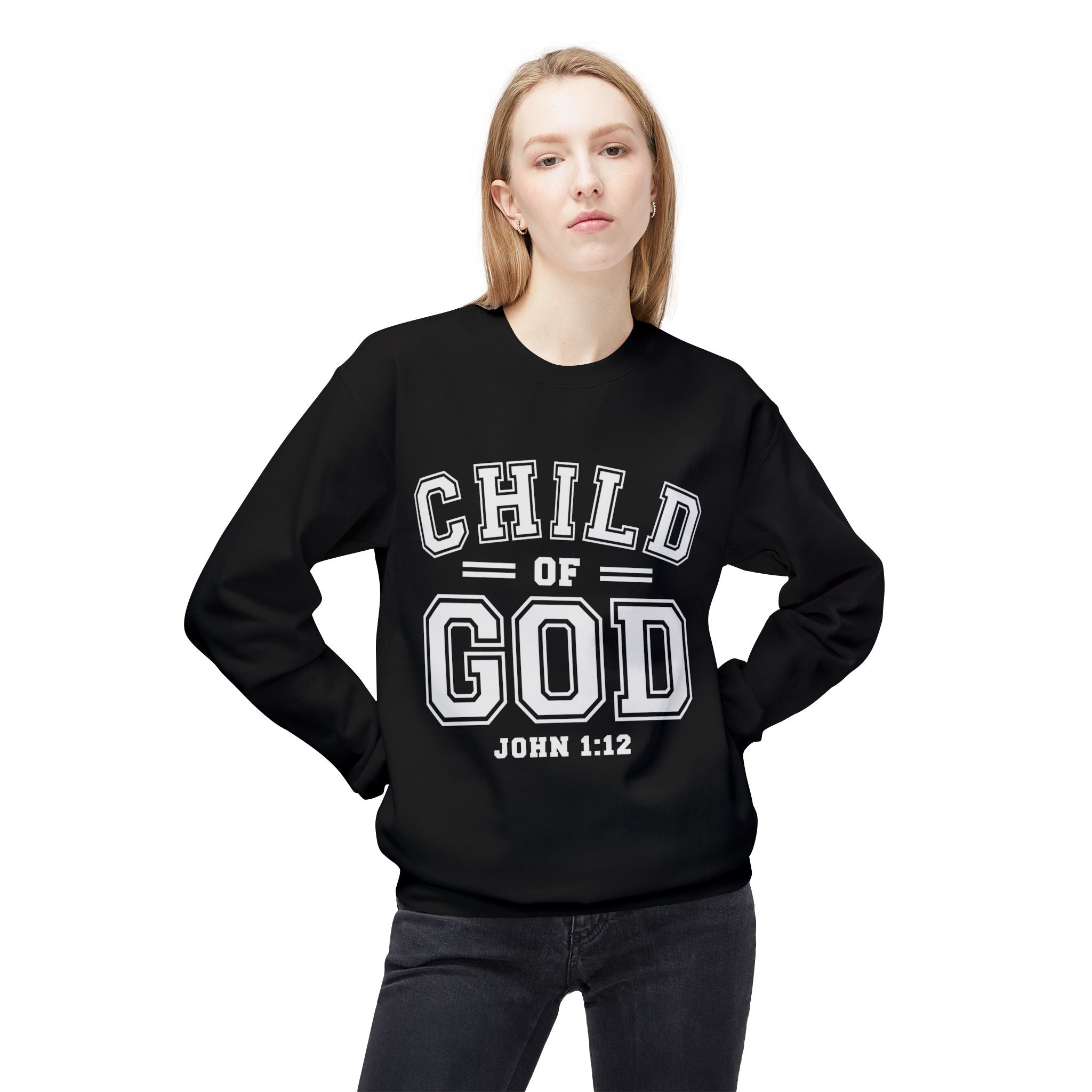Unisex midweight softstyle fleece crewneck sweatshirt with "Child of God" print, in a cozy fleece fabric, by Printify.