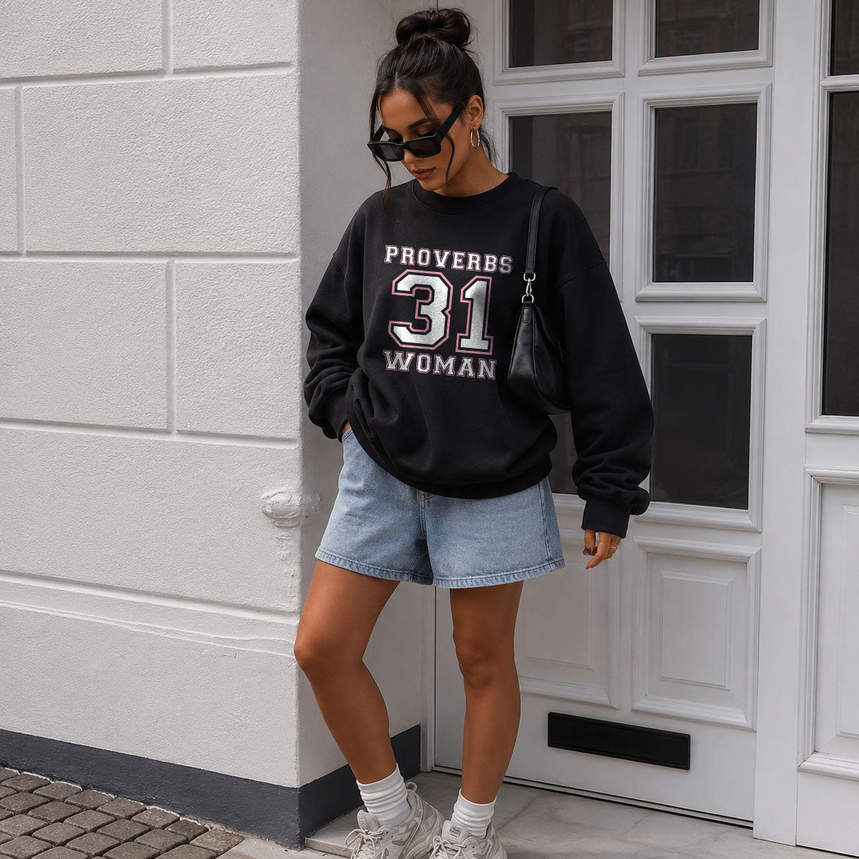 Unisex midweight softstyle fleece crewneck sweatshirt with Proverbs 31 Woman design, printed by Printify, in a comfortable fit.