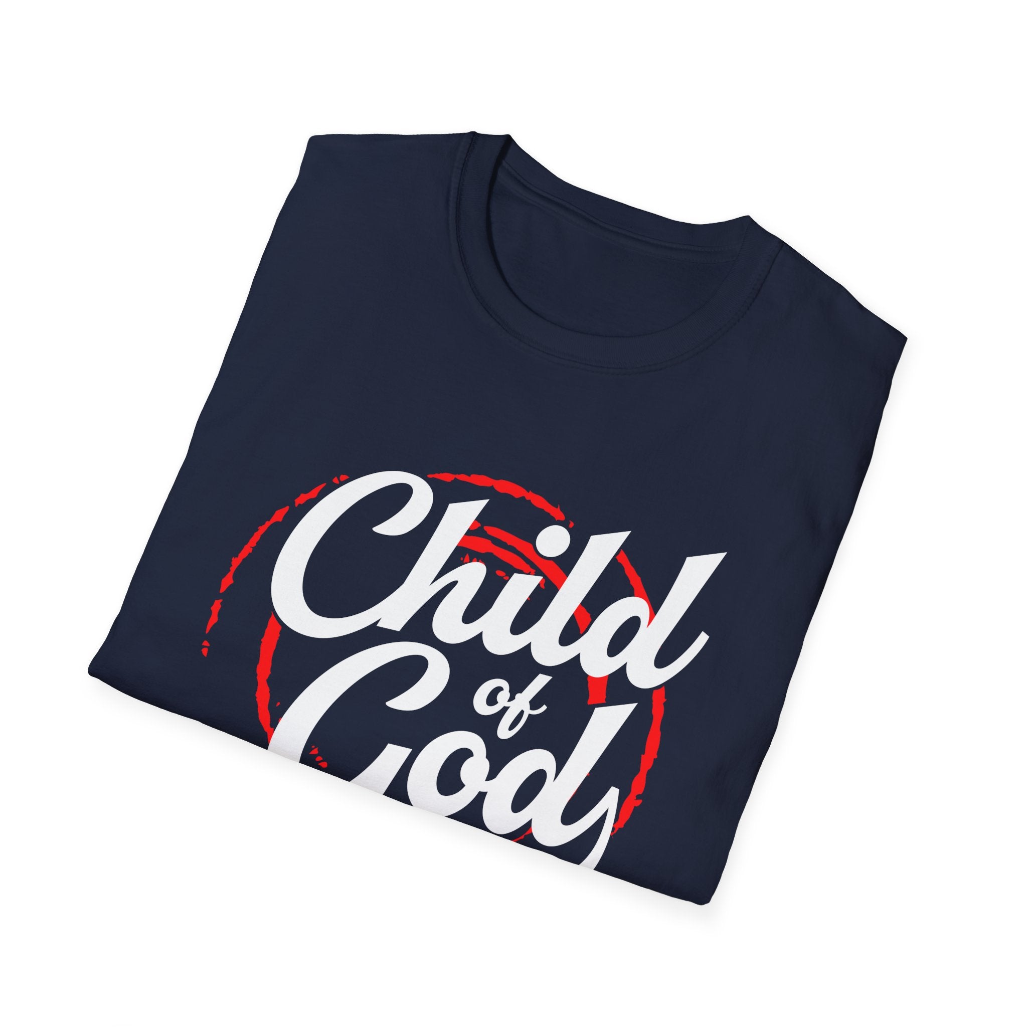Unisex softstyle T-shirt featuring "Child of God" print, made by Printify, displayed on a neutral background.