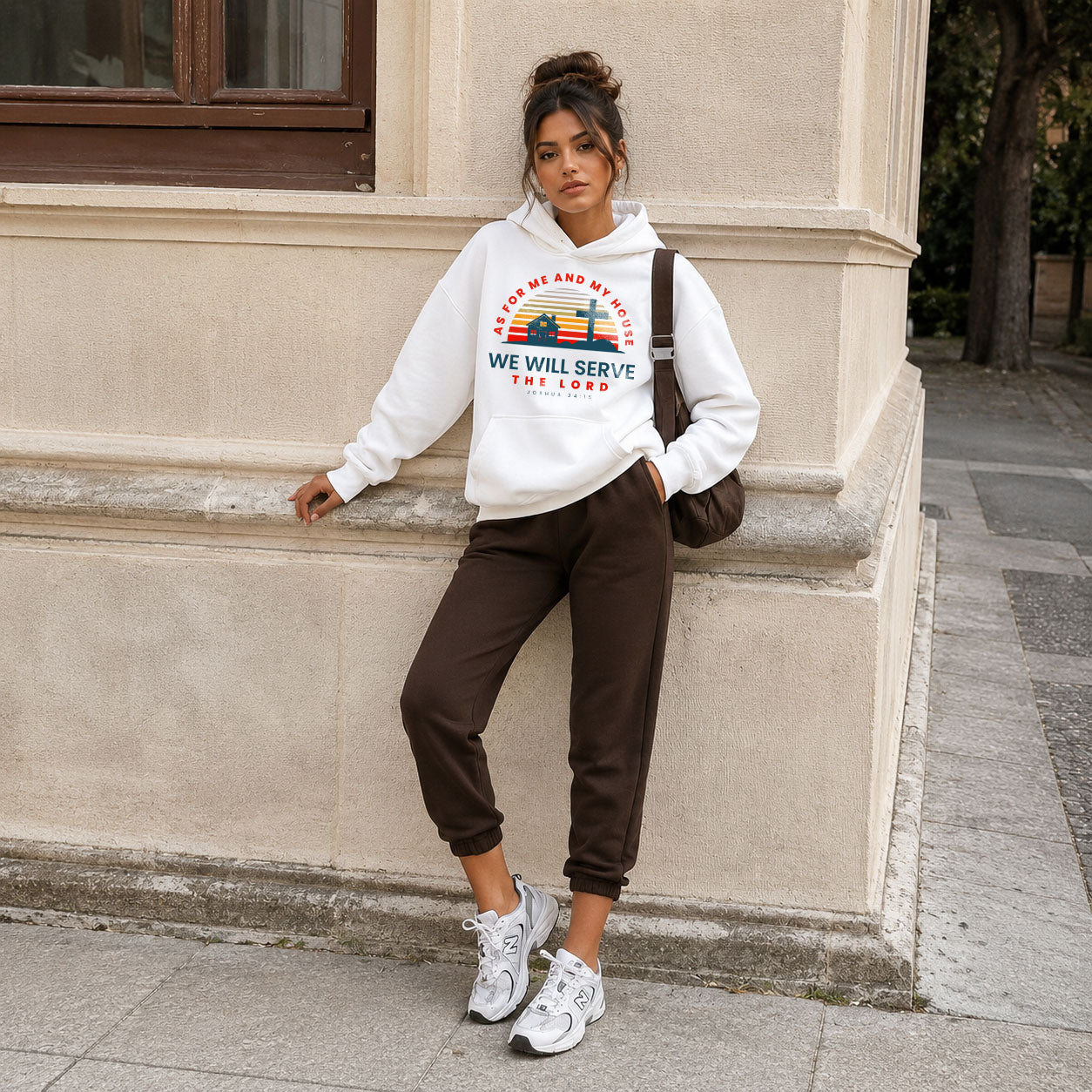 Unisex Heavy Blend hoodie with religious quote "As for Me and My House We Will Serve the Lord" in bold lettering, Printify brand.