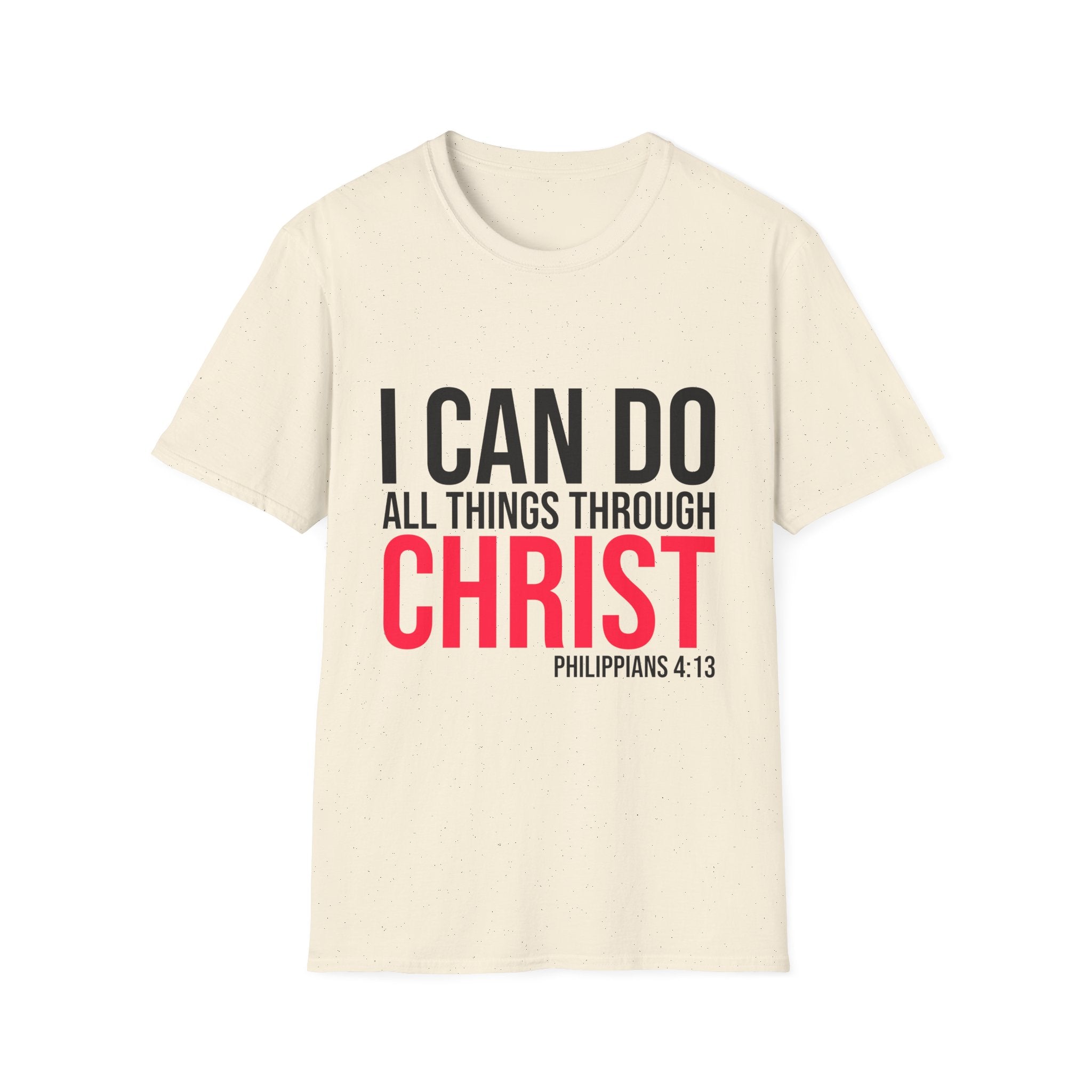 Unisex softstyle T-shirt with Christian quote "I Can Do All Things Through Christ" printed on front, by Printify.