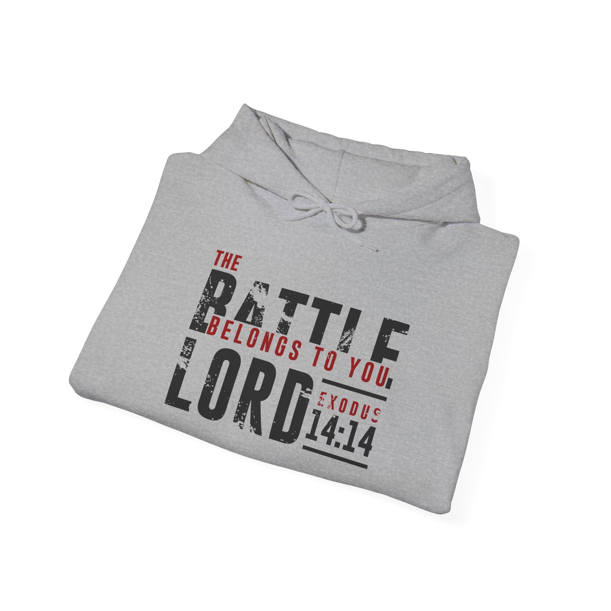 Unisex Heavy Blend hoodie featuring "The Battle Belongs to the Lord" text, in black with a front print, from Printify.